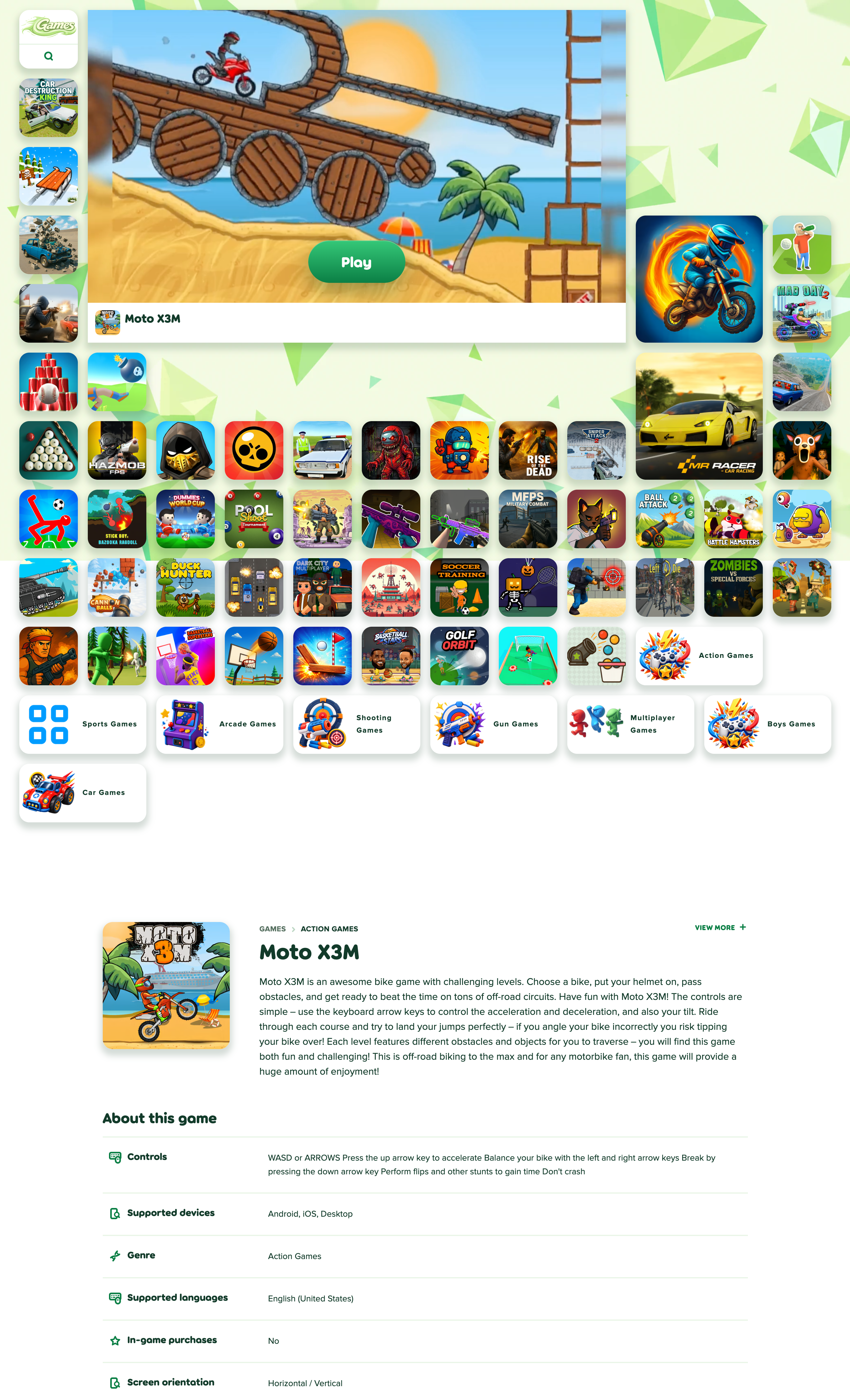 A Playflaming game page with a playable browser game area and description content