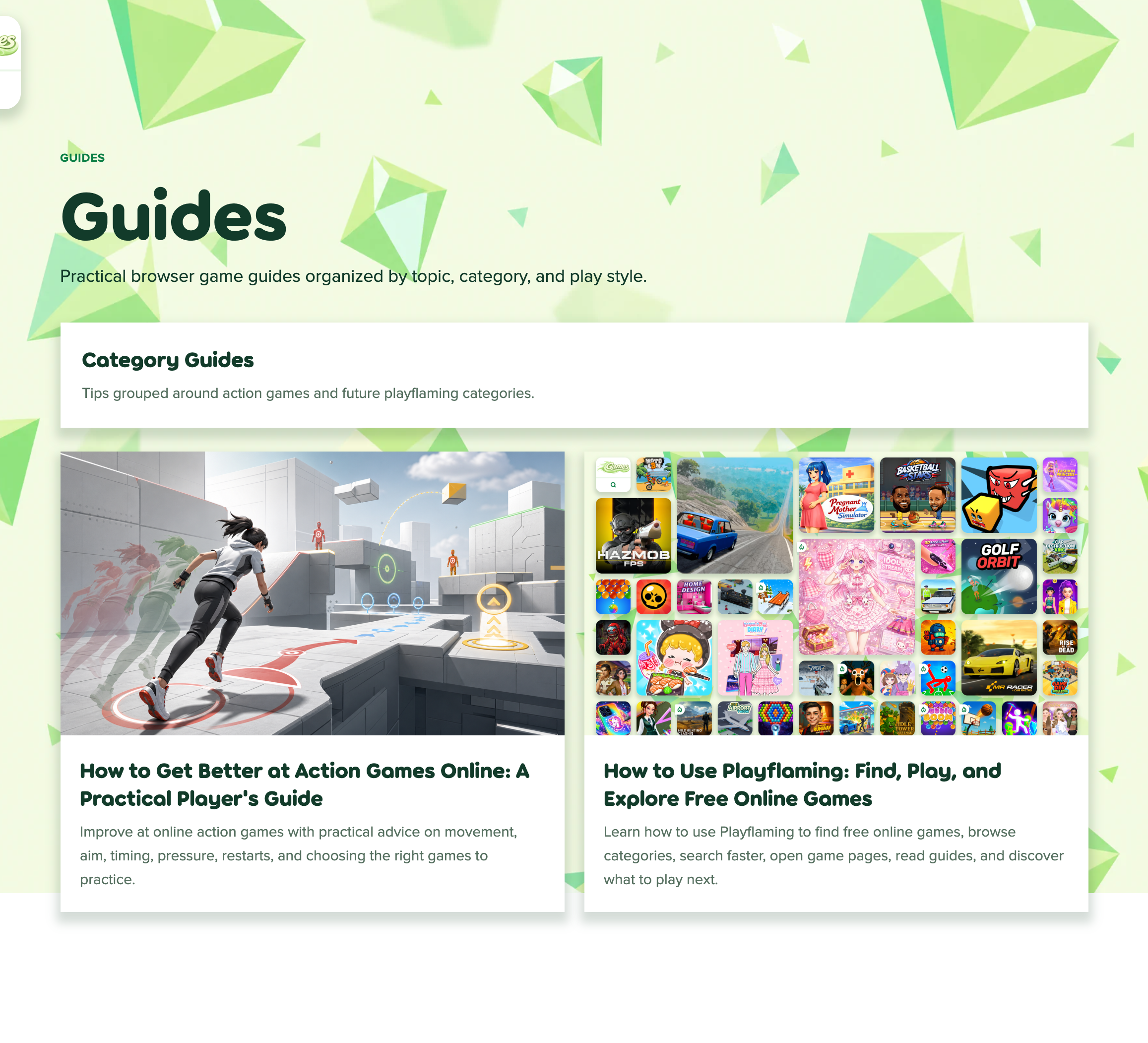 The Playflaming guides page with editorial game guides