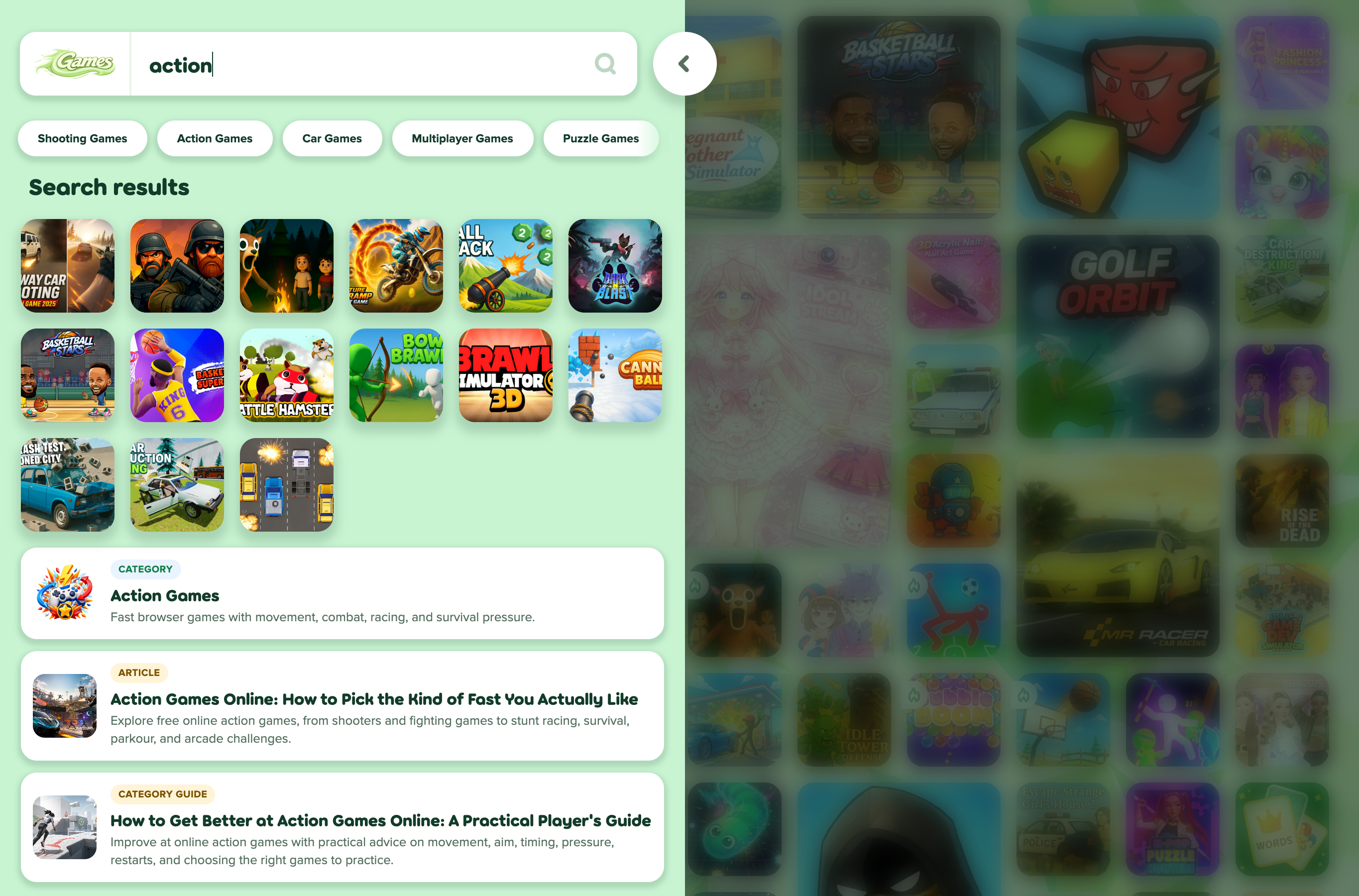 The Playflaming site search panel showing mixed results for games, guides, and articles