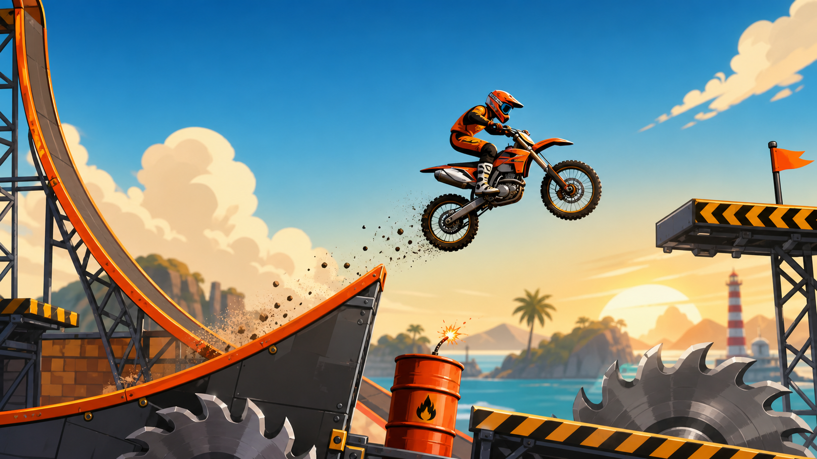 A motocross rider launching over a hazard-filled stunt track inspired by Moto X3M gameplay