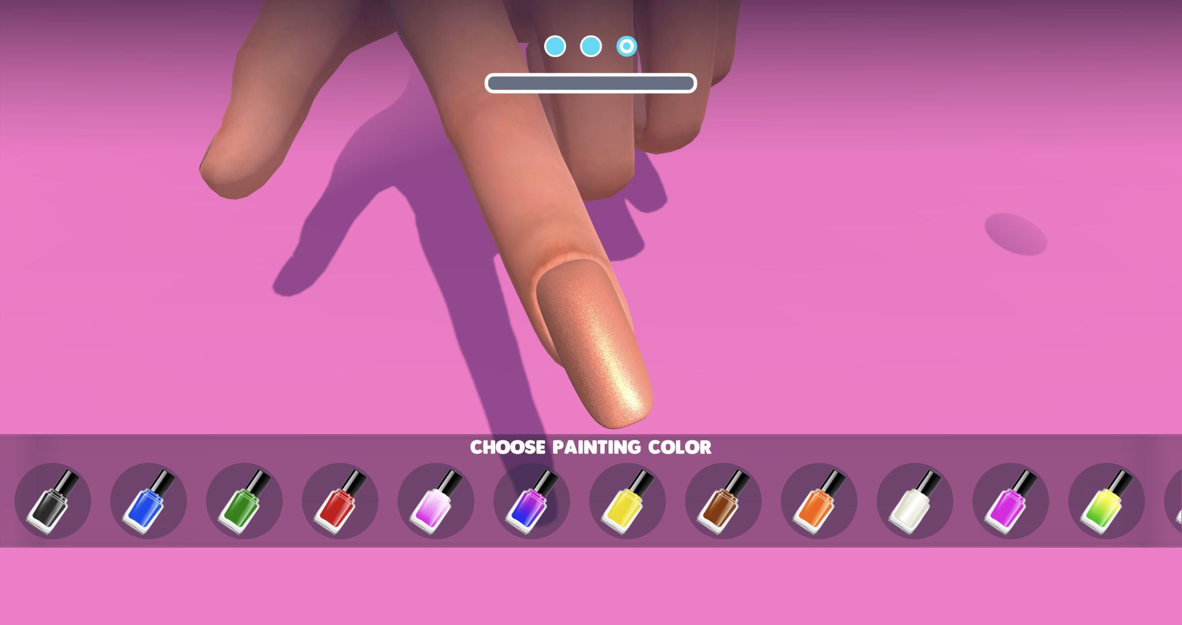 Rose-gold shaped nail above a tray of black, blue, green, red, gradient, yellow, brown and other polish bottles