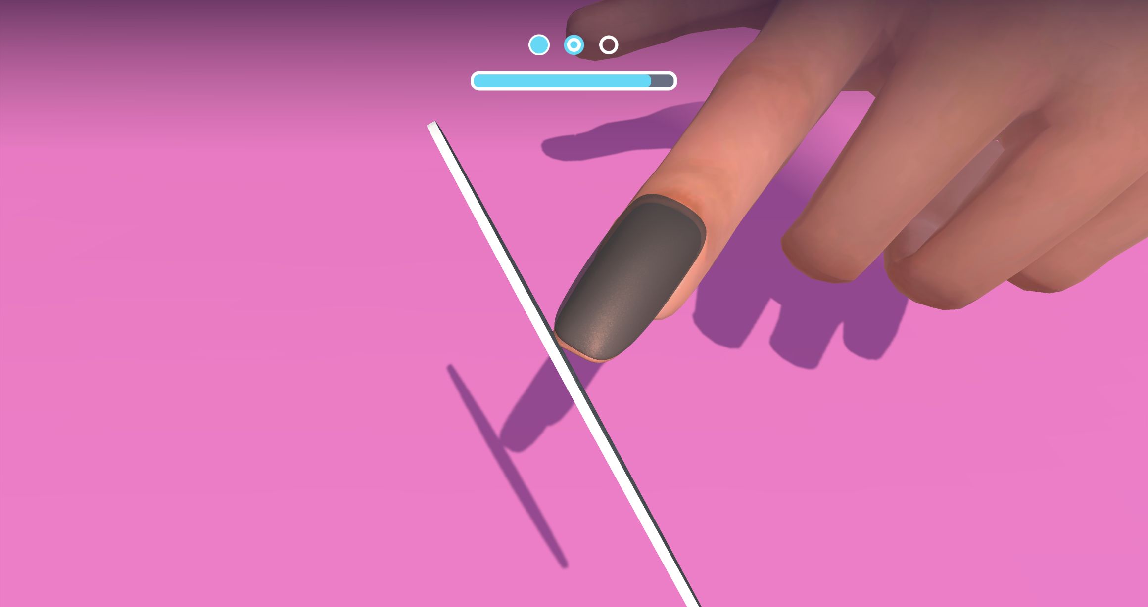 Large black nail file beside a dark shaping overlay on the acrylic nail during filing
