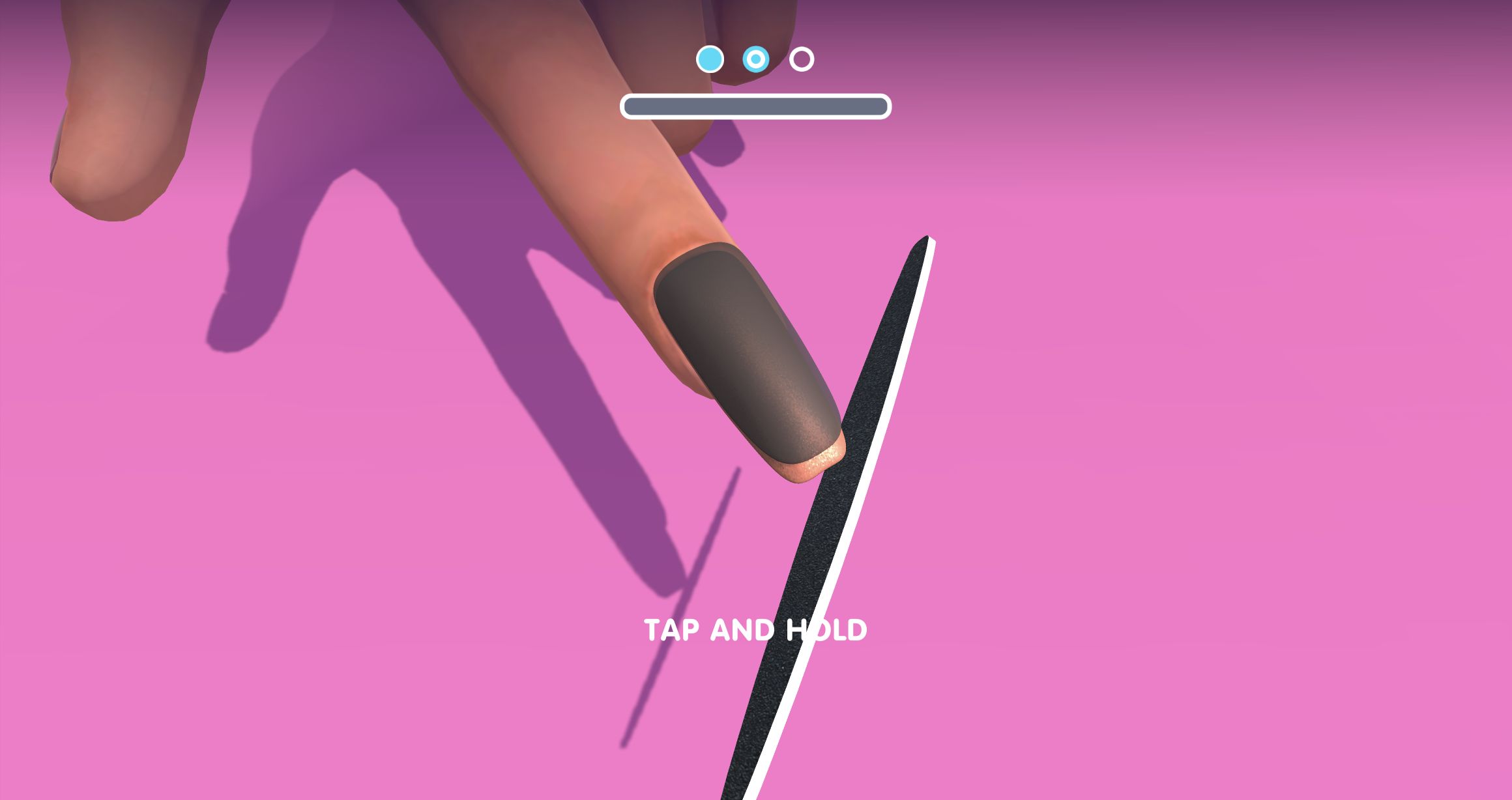 Side view of a long acrylic nail beside a large file and Tap and Hold instruction