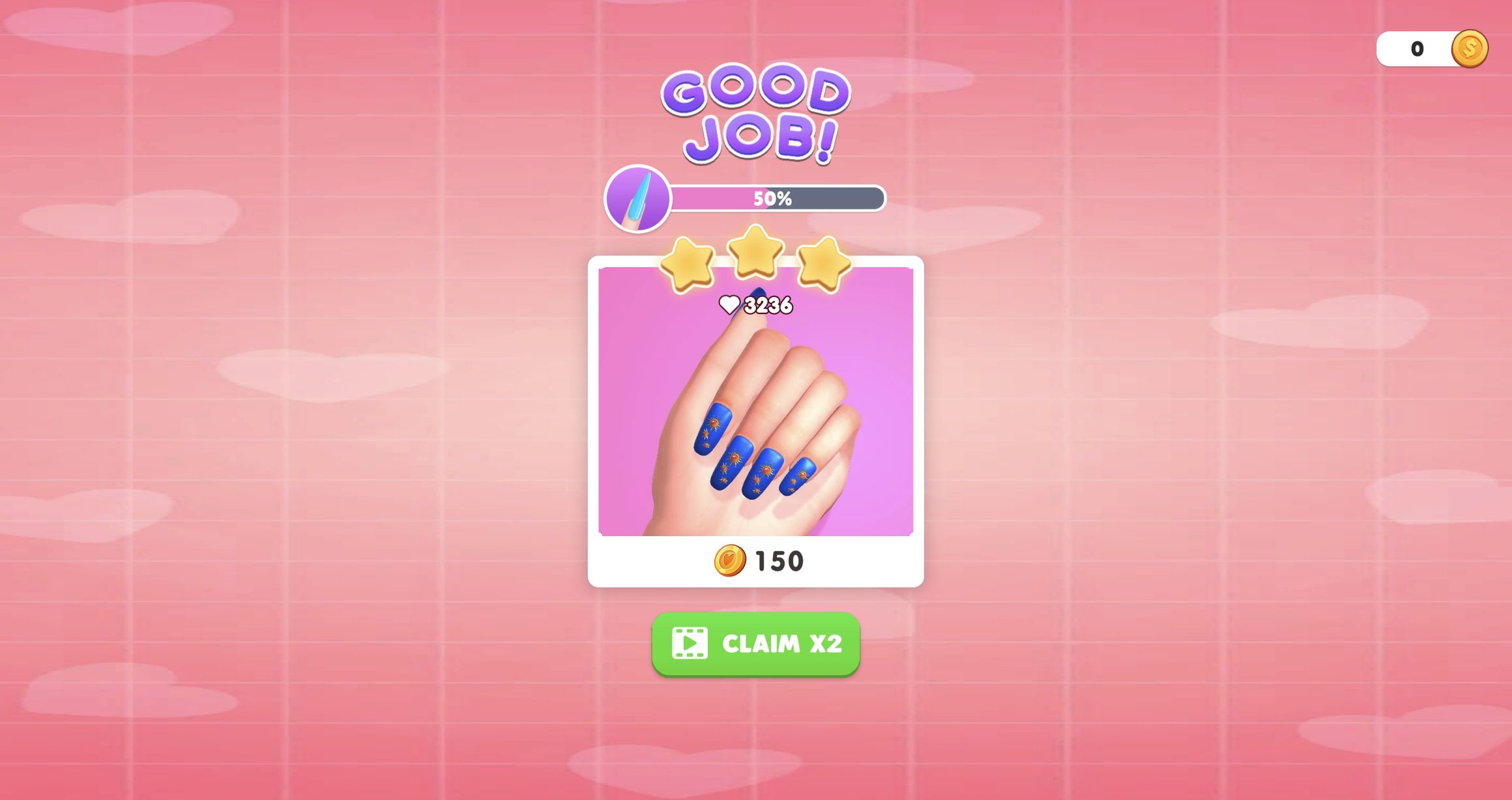 Good Job reward screen showing three stars, 3236 points, 150 coins, 50 percent progress and a Claim x2 video button