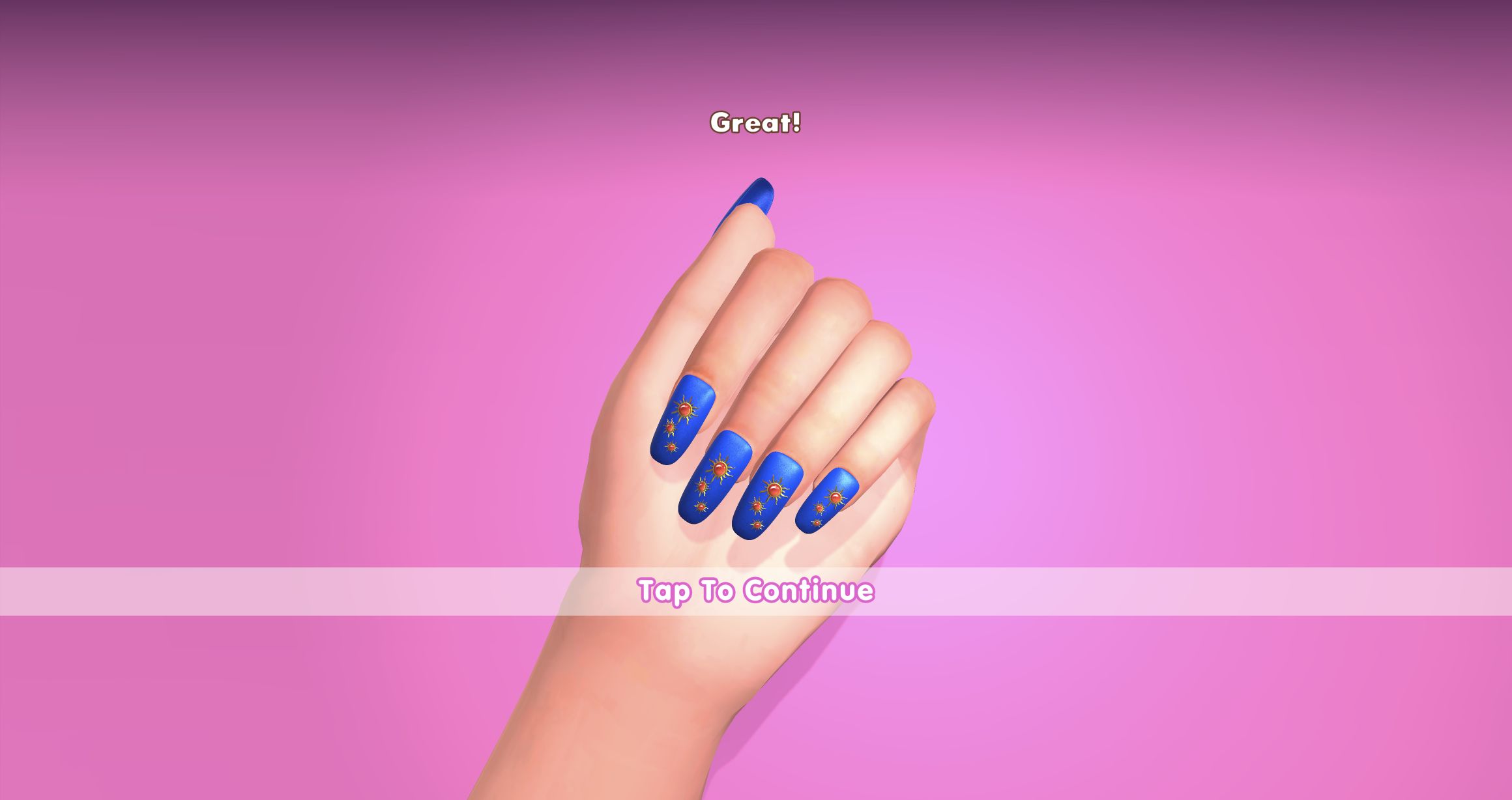 Finished royal-blue acrylic nails with small sun charms under a Great result message