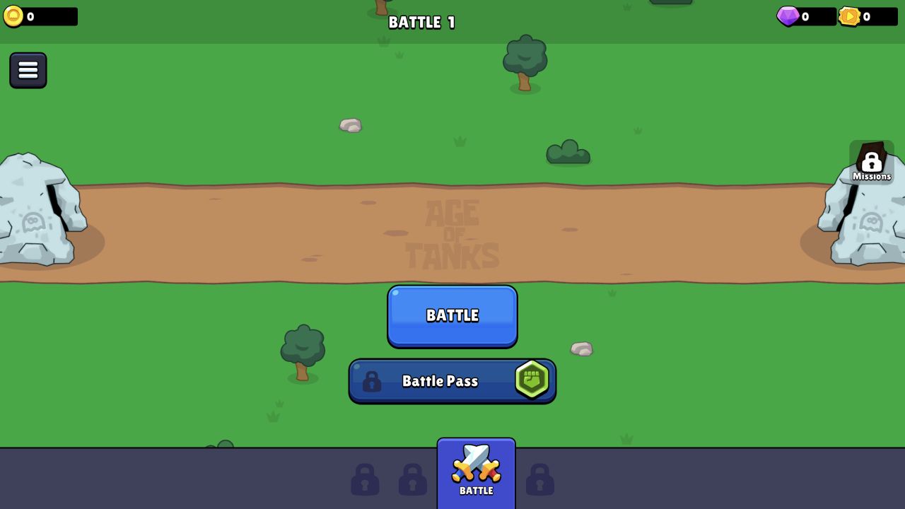 Battle 1 menu with zero coin gem and ticket counters and locked Missions and Battle Pass