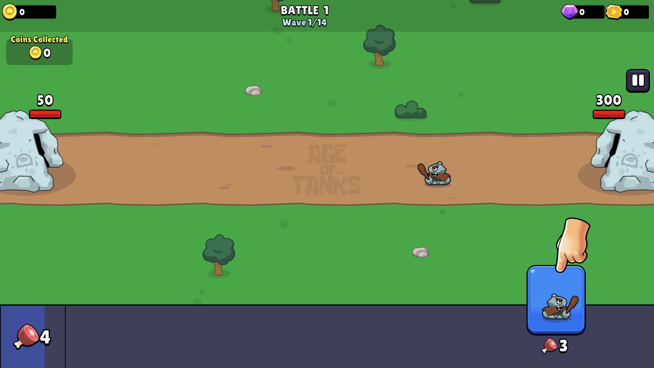 Tutorial hand pointing to the three-meat unit card after the meat meter reaches four