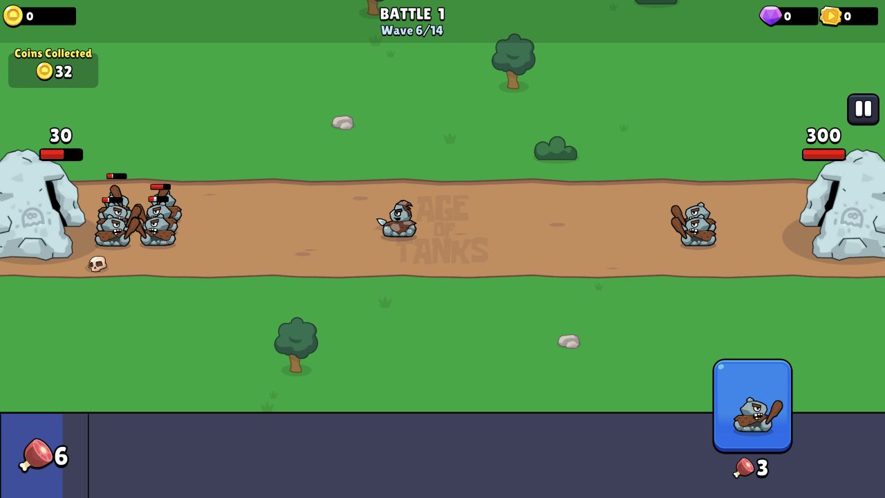 Wave 5 battle with clustered Stone Age units and the player cave reduced to 34 health