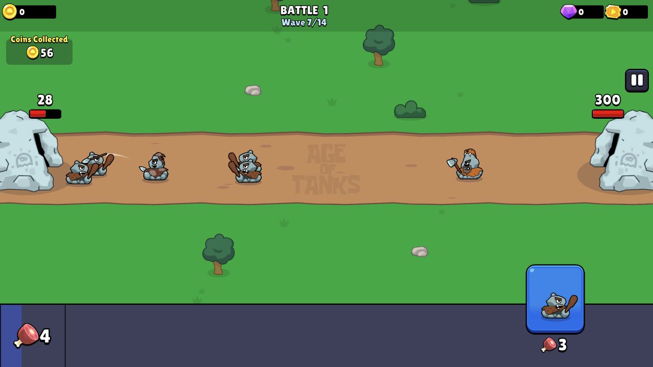 Wave 7 lane showing the first axe-carrying enemy and 56 battle coins collected
