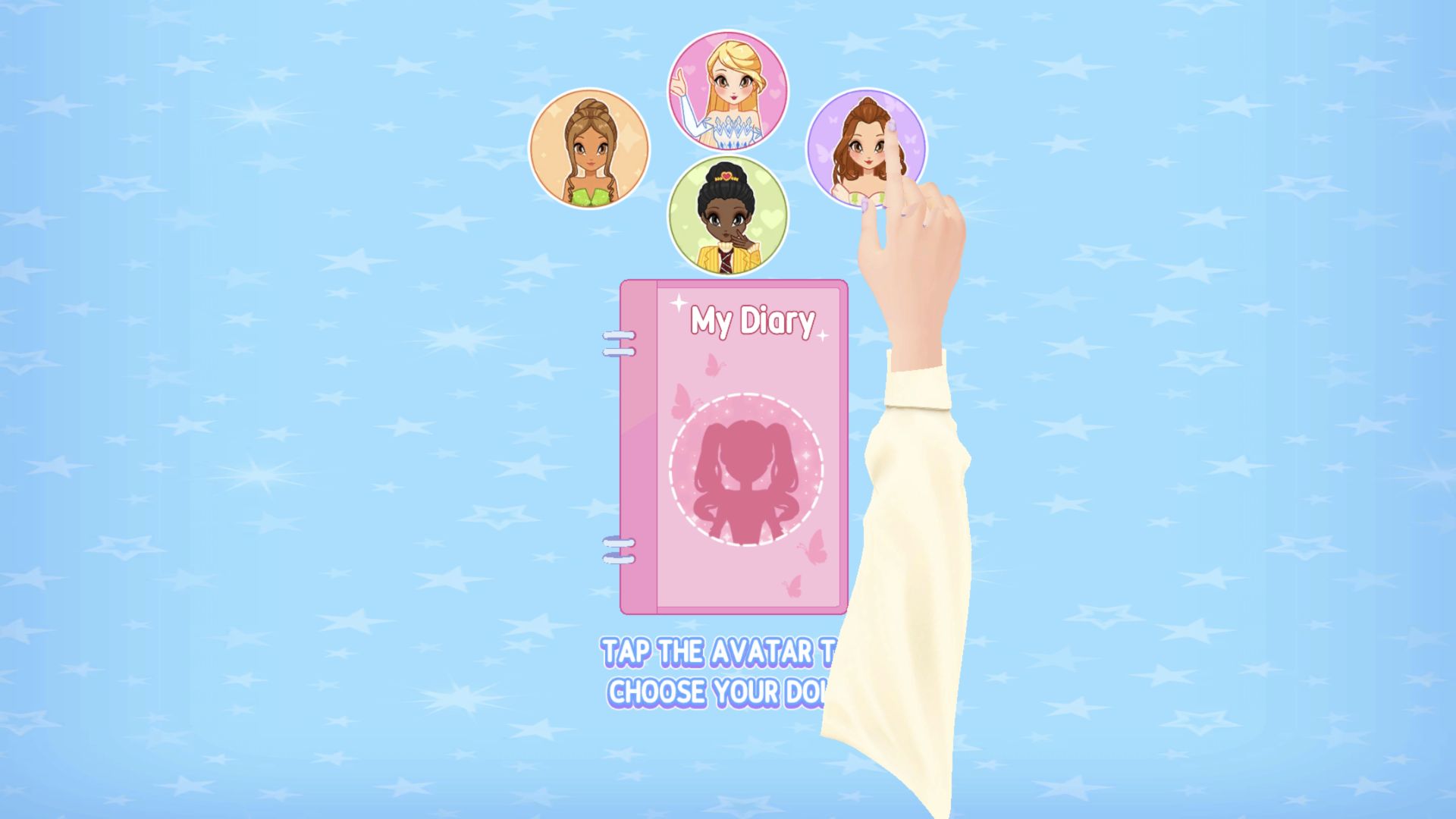 Four illustrated avatar portraits arranged above Anna's pink diary
