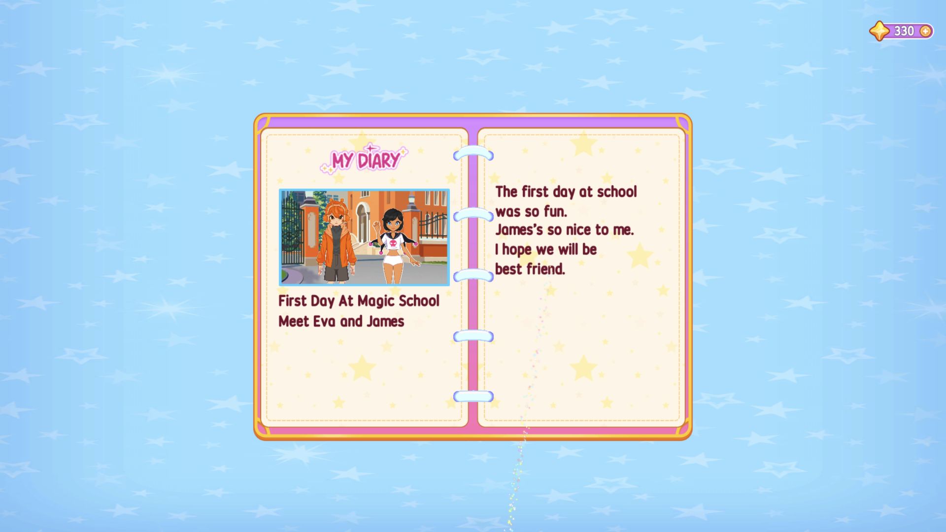 Anna and a student on the school result screen with a 330-star balance after the base reward