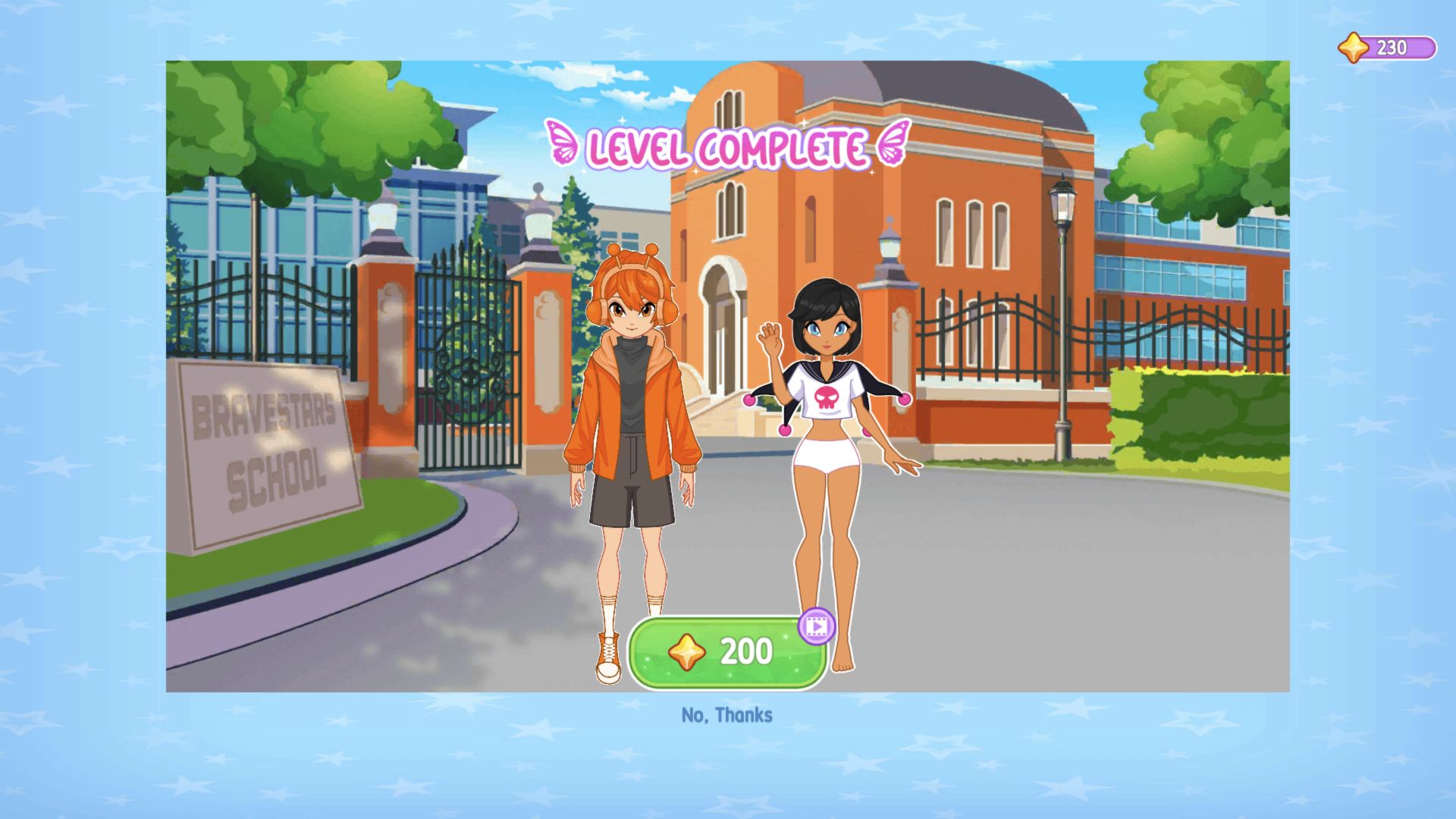Anna and an orange-haired student beneath a Level Complete banner outside Bravestars School