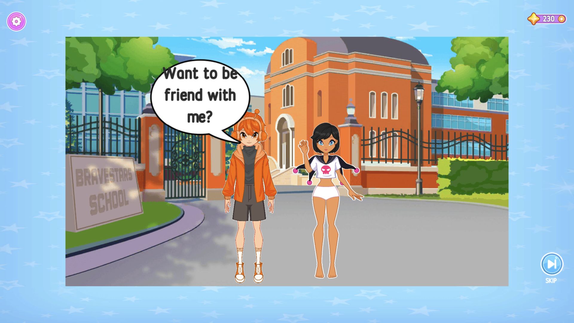 Anna wearing a skull sailor top while speaking to classmates outside Bravestars School