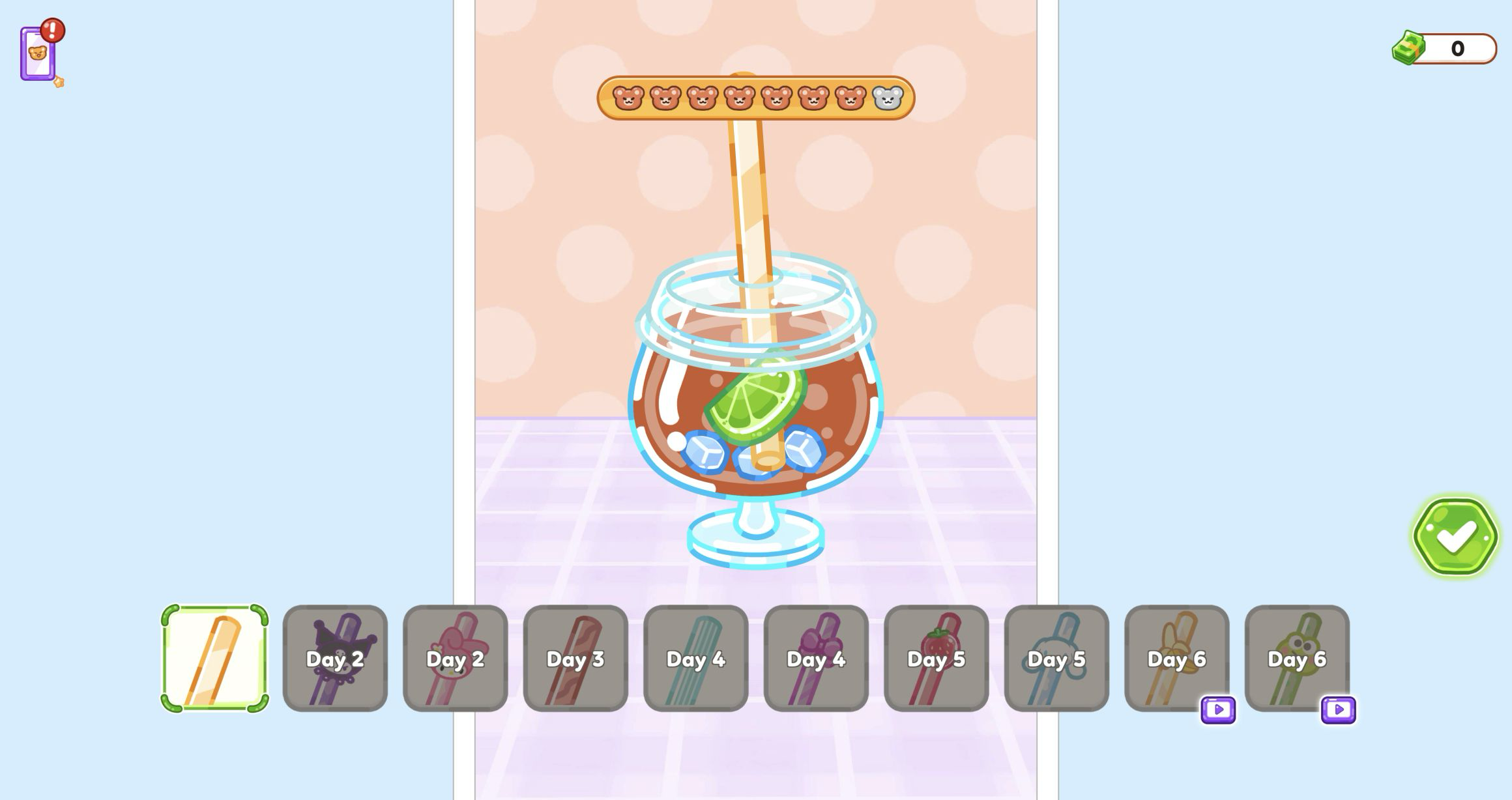 Finished lime-chocolate drink with orange straw and a green check
