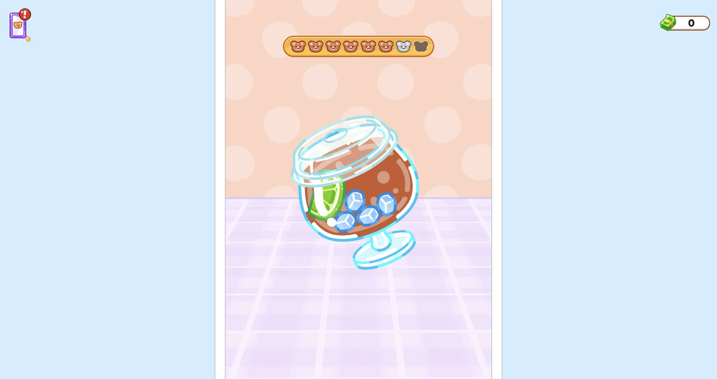 Lidded lime-and-chocolate drink tilted during the shake interaction