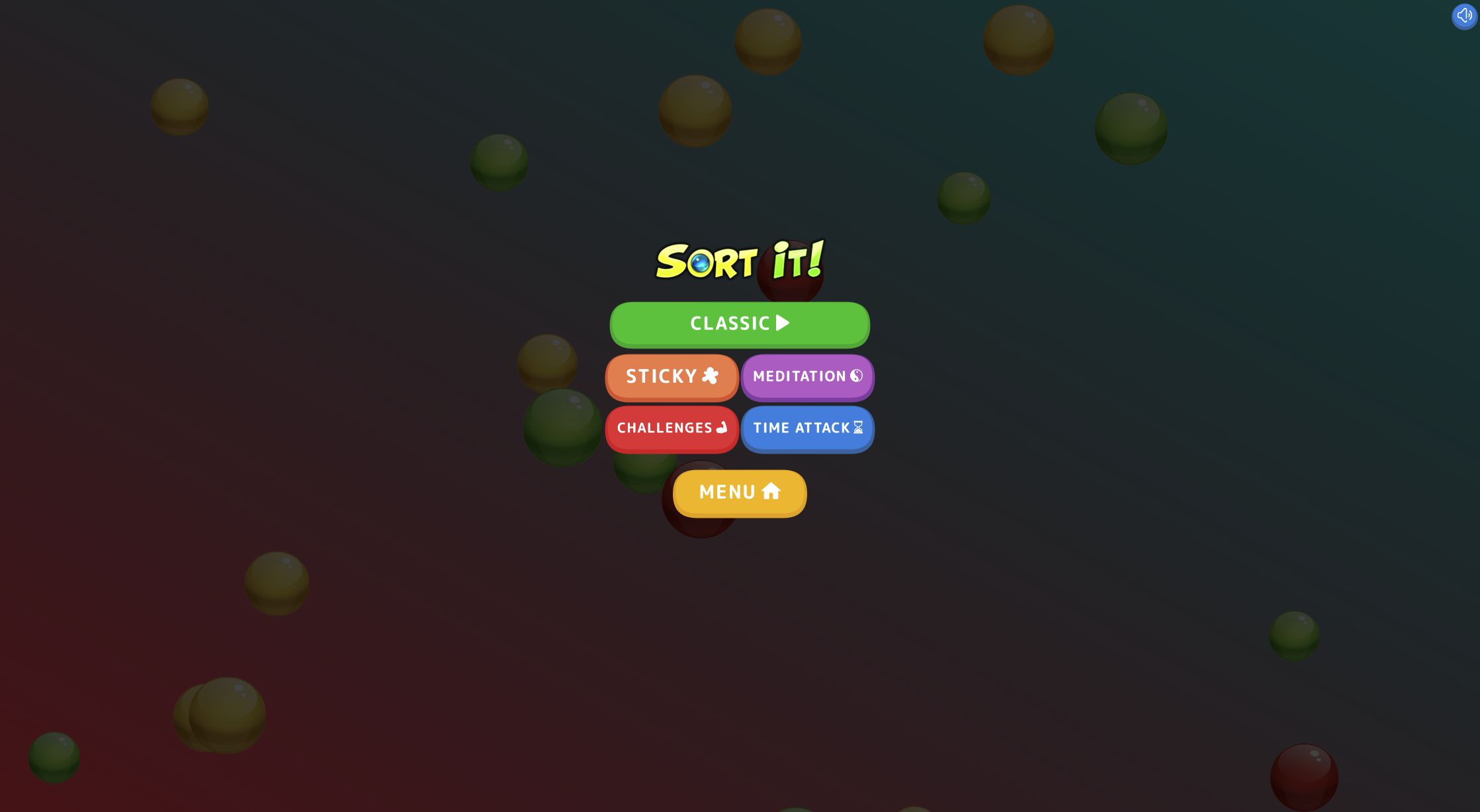 Ball Sort Puzzle mode menu showing Classic, Sticky, Meditation, Challenges and Time Attack