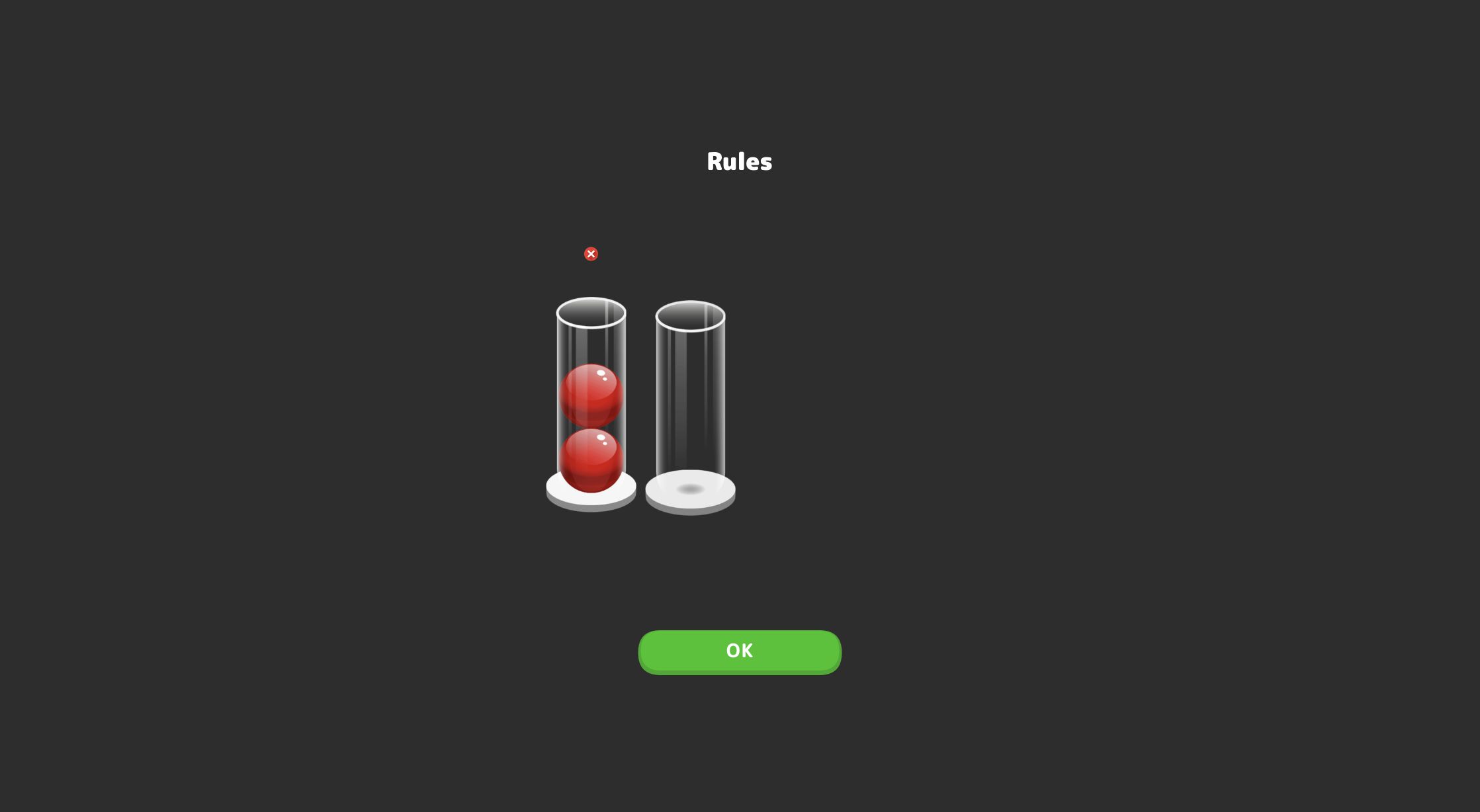 Rules panel demonstrating that a red ball cannot be poured into an incompatible tube