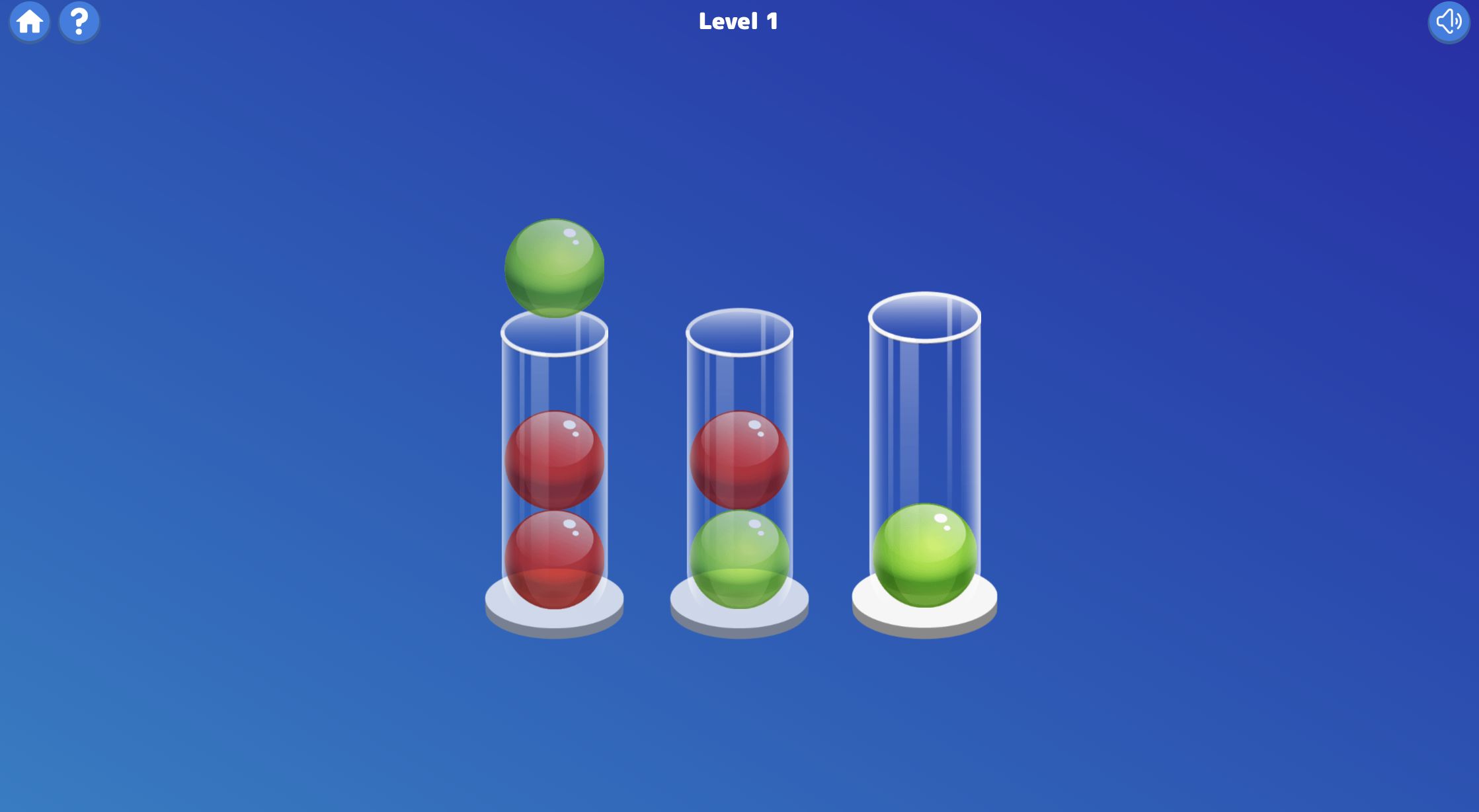 Selected green ball hovering above the left tube after an invalid attempt to place it on a red ball
