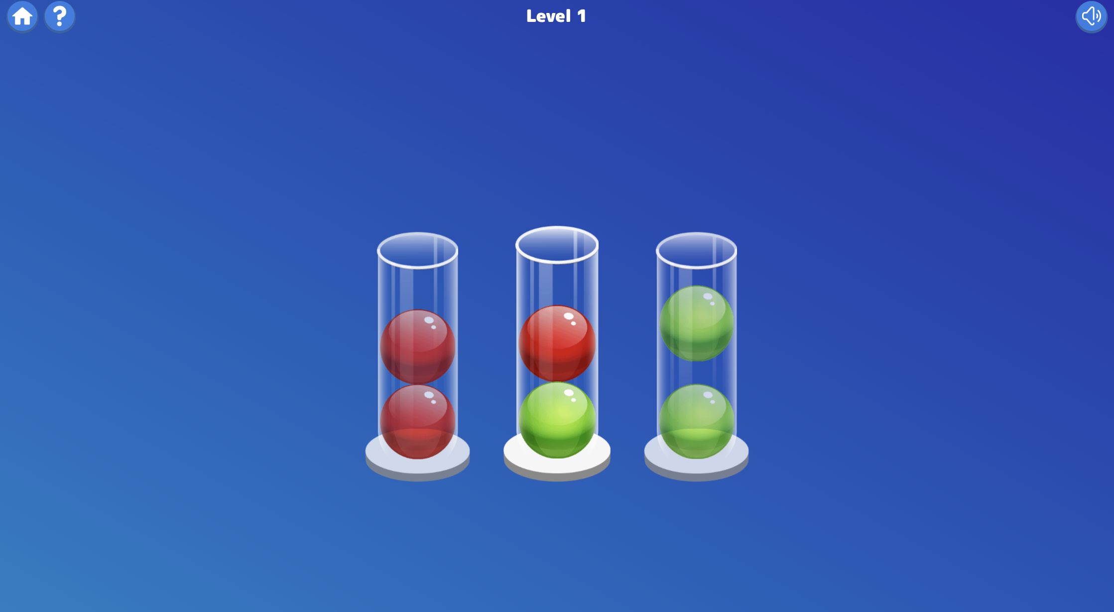 Level 1 after the first pour with two green balls together in the right tube