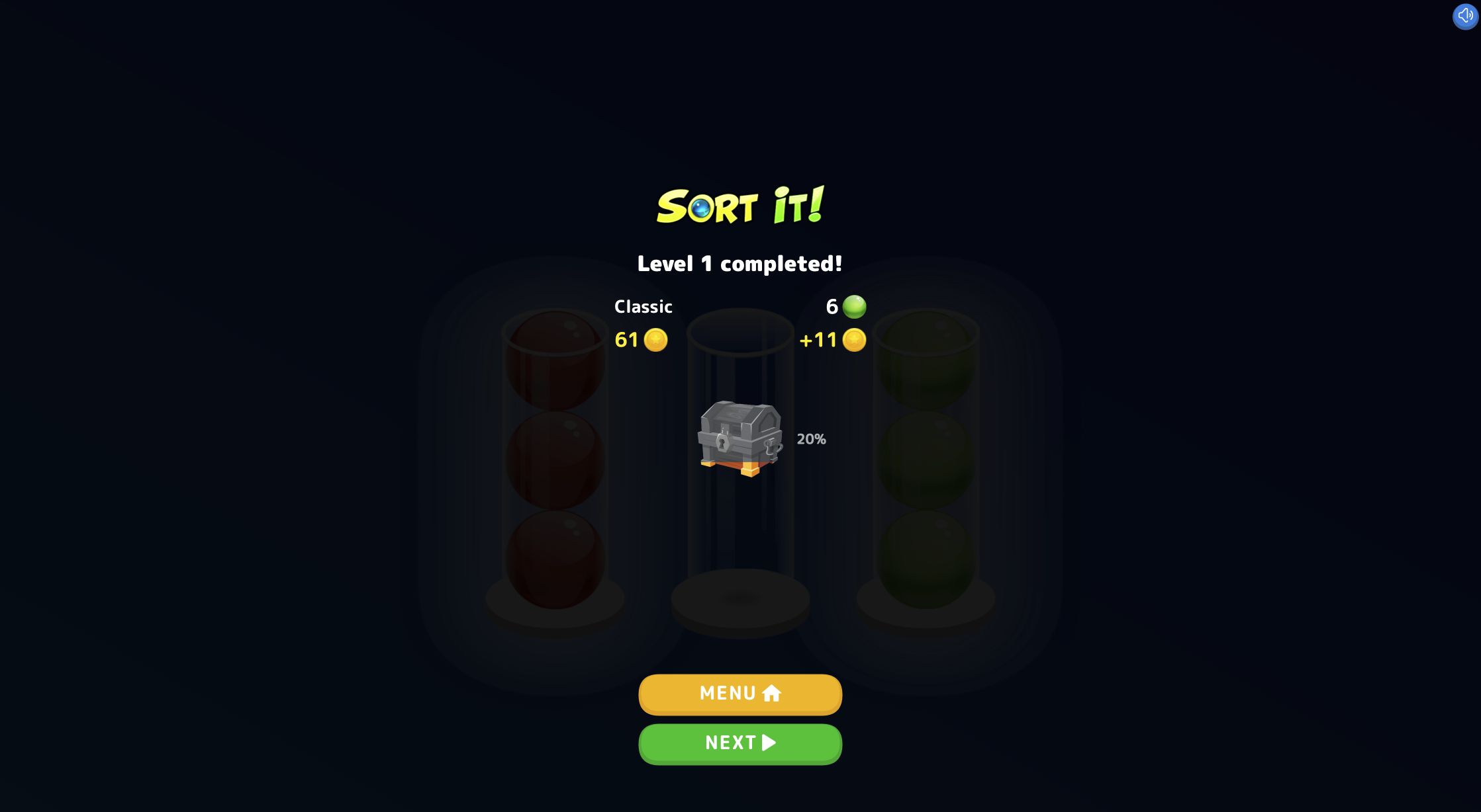 Ball Sort Puzzle Classic Level 1 completion panel over sorted red and green tubes