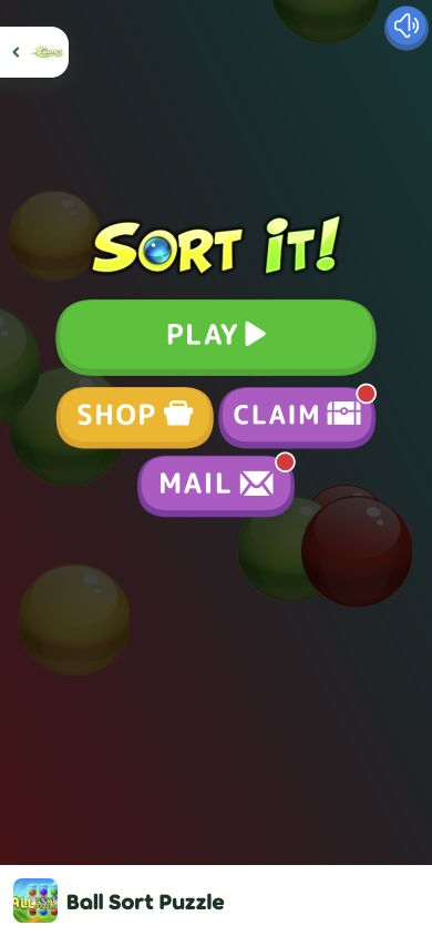 Ball Sort Puzzle main menu inside Playflaming's portrait mobile fullscreen player