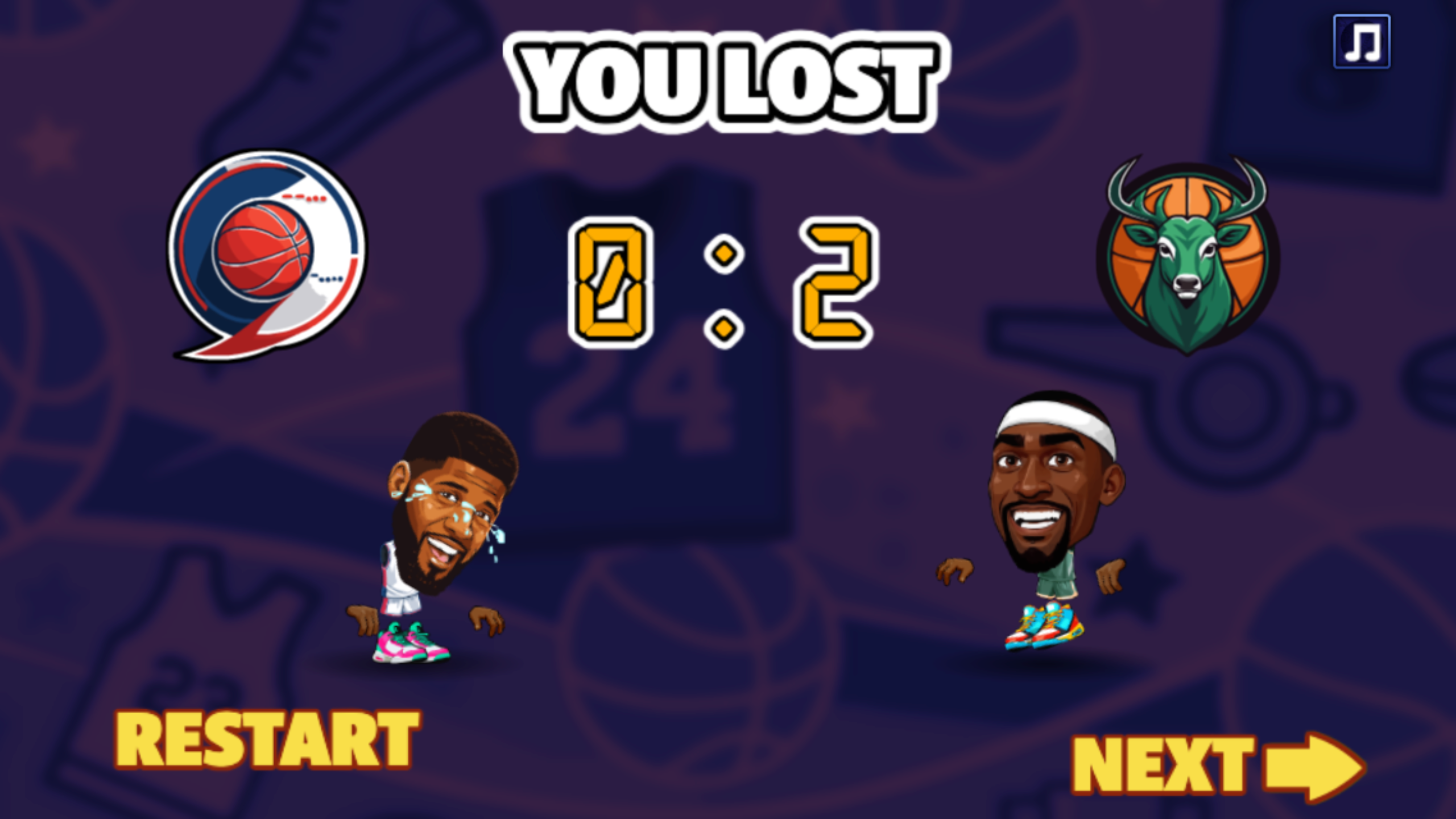 Basketball Stars result screen showing You Lost and a 0–2 score between the red-and-blue circle team and green deer team