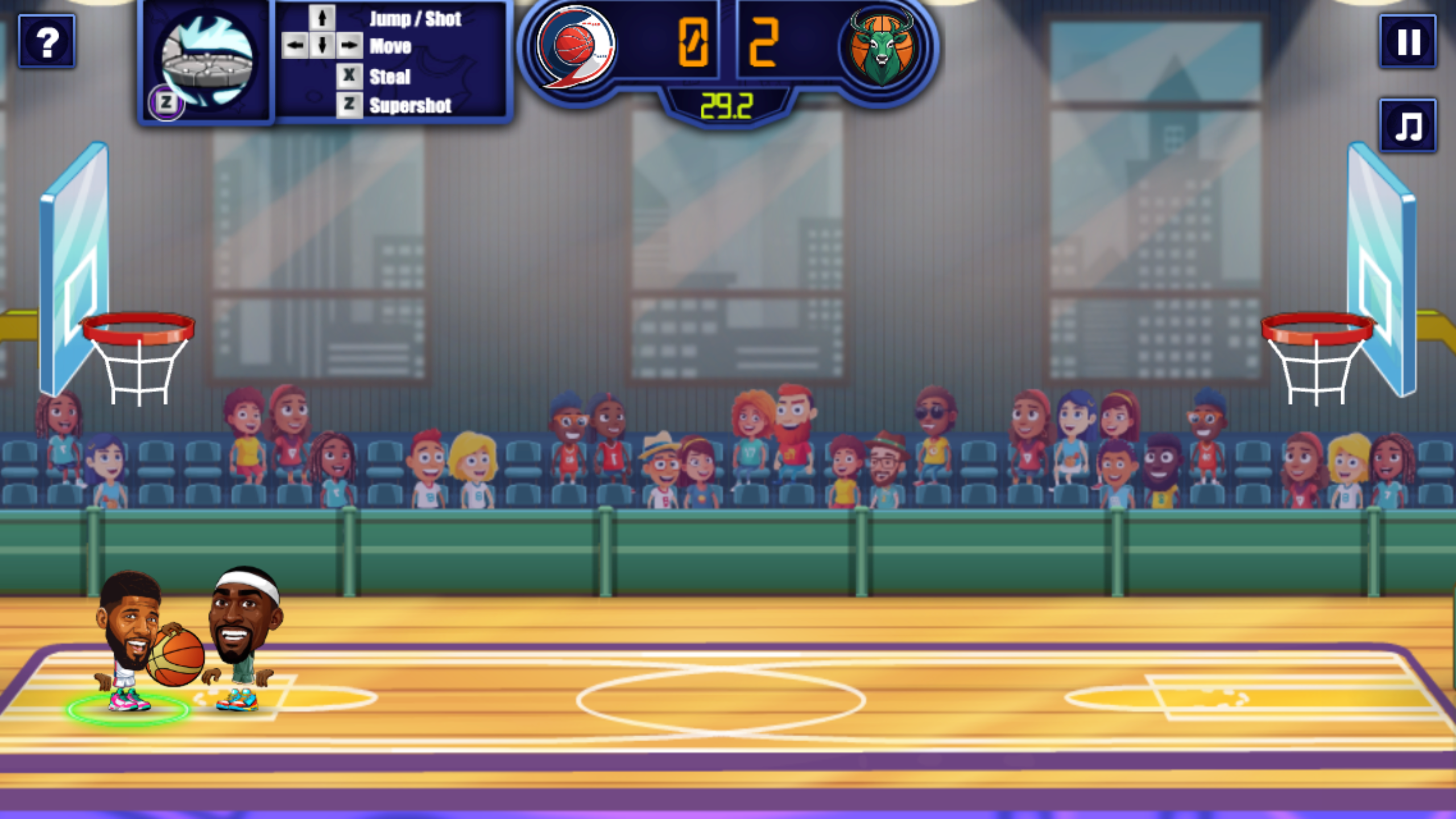 Basketball Stars close-range contest showing a 0–2 score, both players near the left basket, and the ball between them