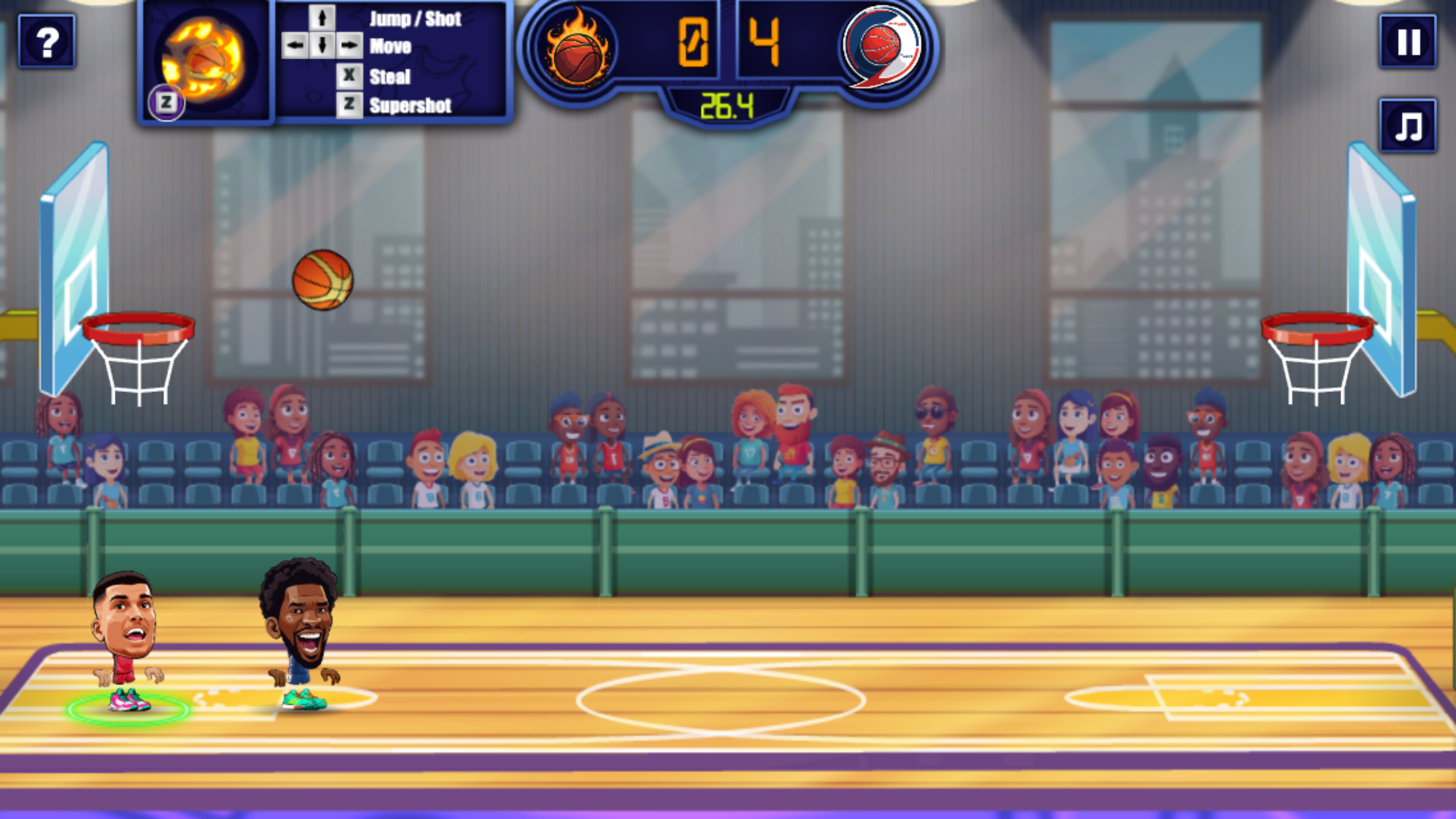 Basketball Stars game at 0–4 with 26.4 seconds left as the ball floats above the left rim and both players remain near the baseline