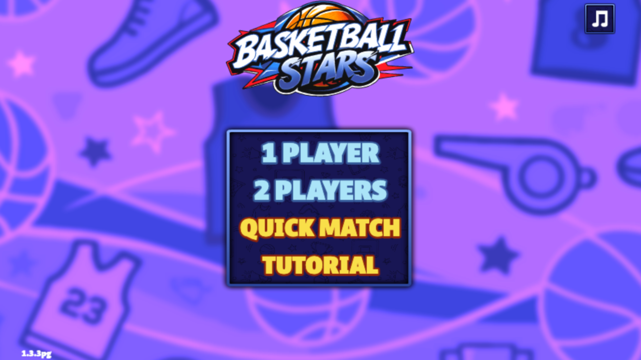 Basketball Stars main menu with 1 Player, 2 Players, Quick Match, and Tutorial choices
