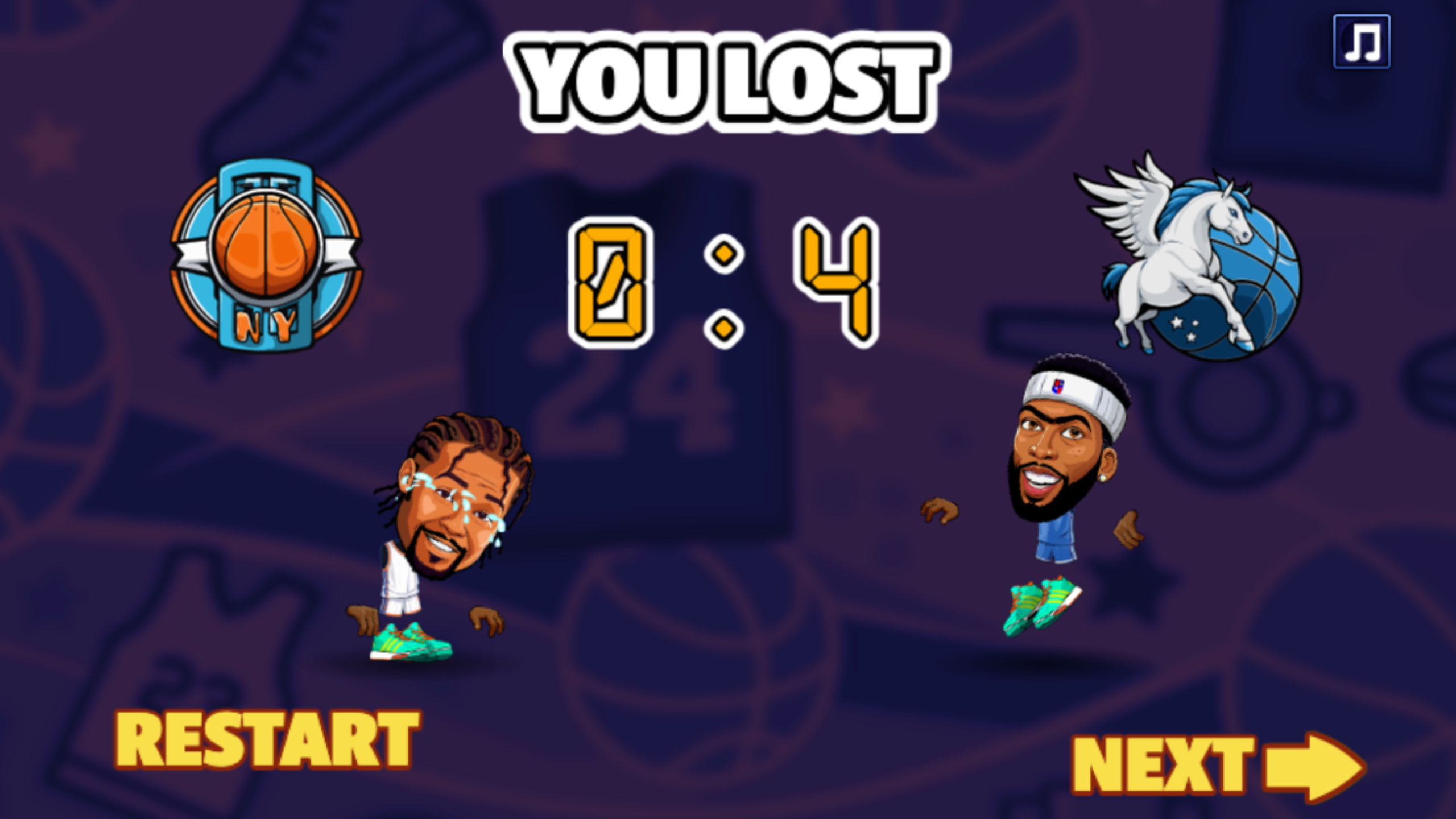 Basketball Stars You Lost screen showing a 0–4 final score between the orange New York badge and winged horse badge