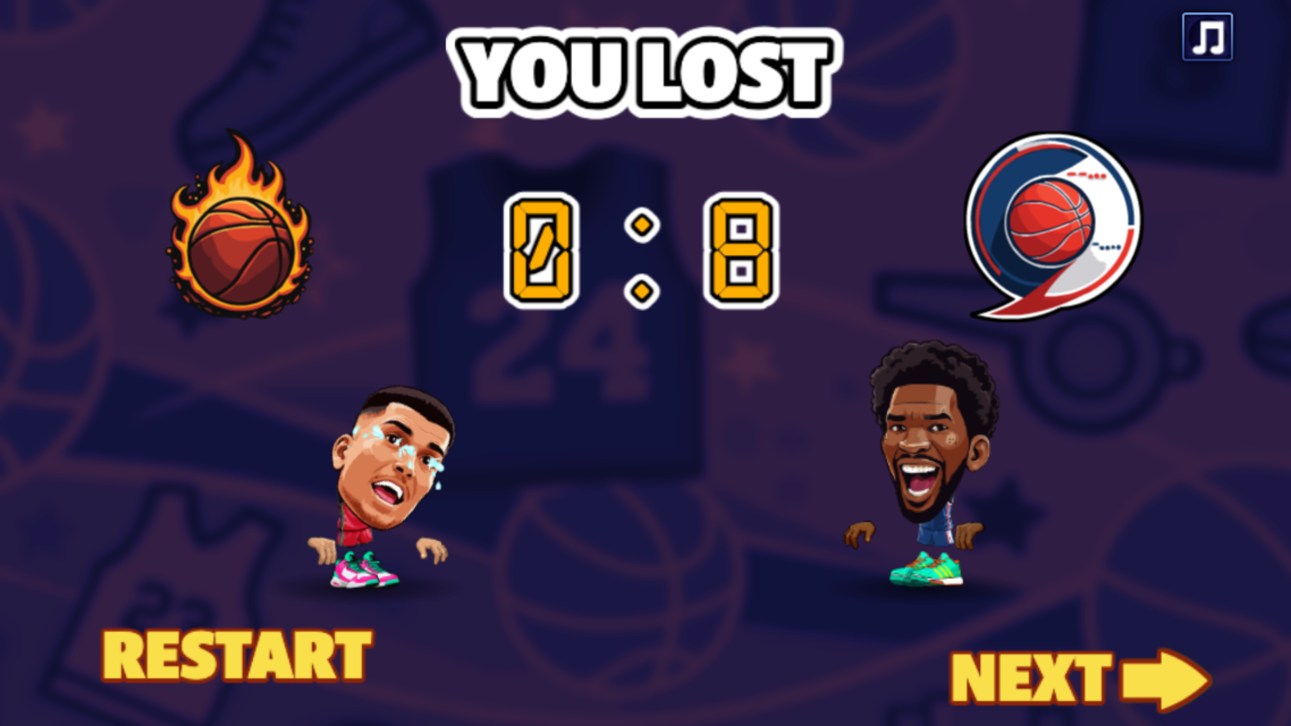 Basketball Stars comparison showing either a desktop 0–8 loss or the mobile fullscreen player's 0–2 loss