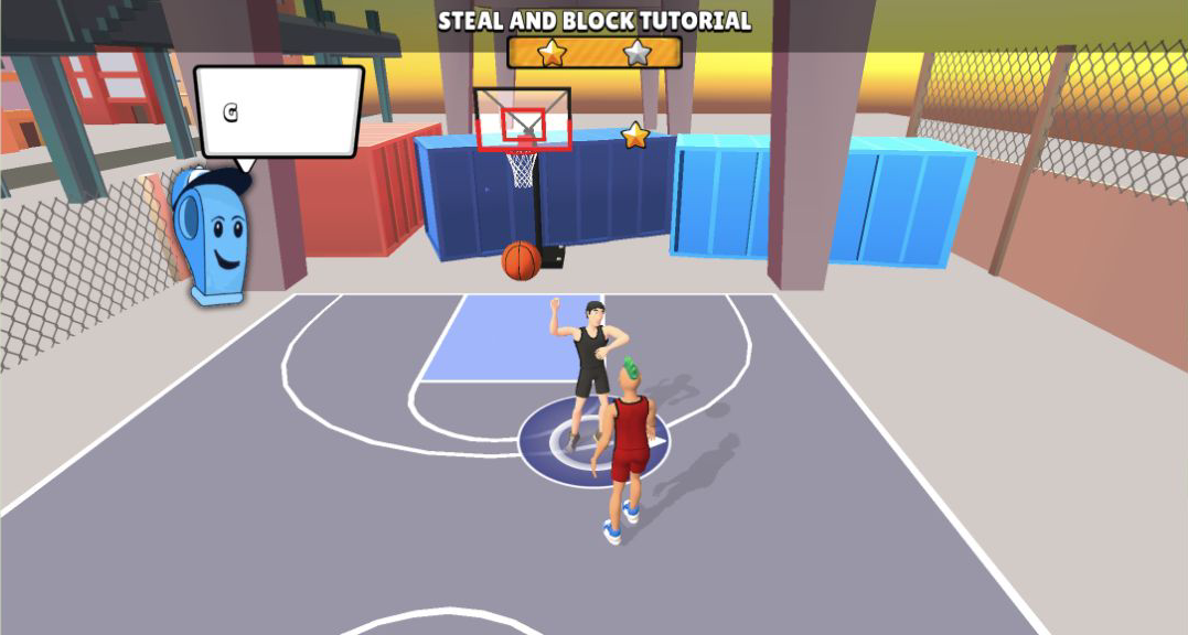 Black-uniformed defender raising an arm beside a red-uniformed opponent near the basket