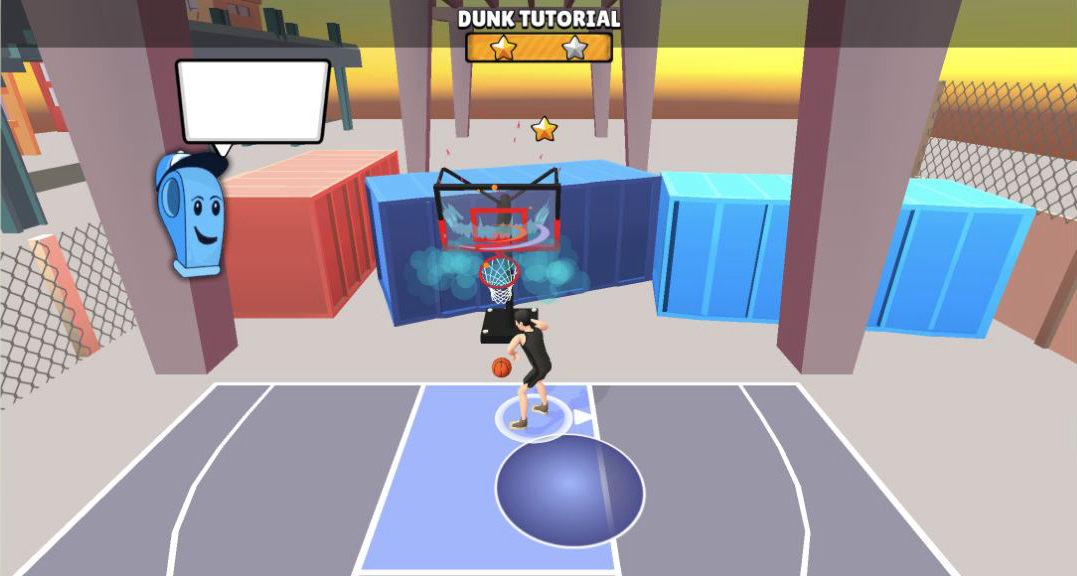 Basketball Superstars avatar finishing a dunk beneath a shattered backboard effect