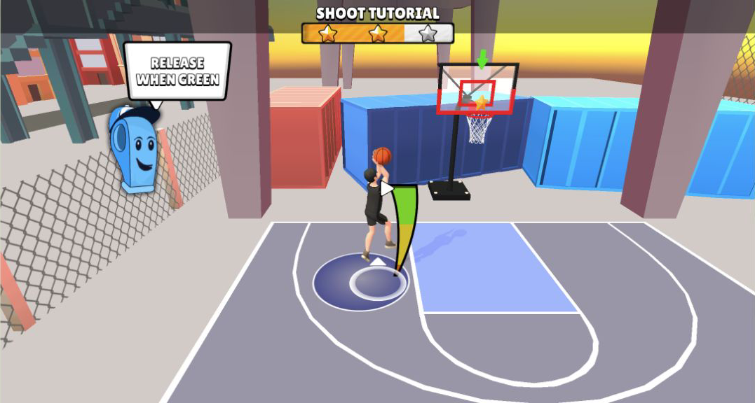 Basketball Superstars player releasing a tutorial shot as the timing meter reaches green