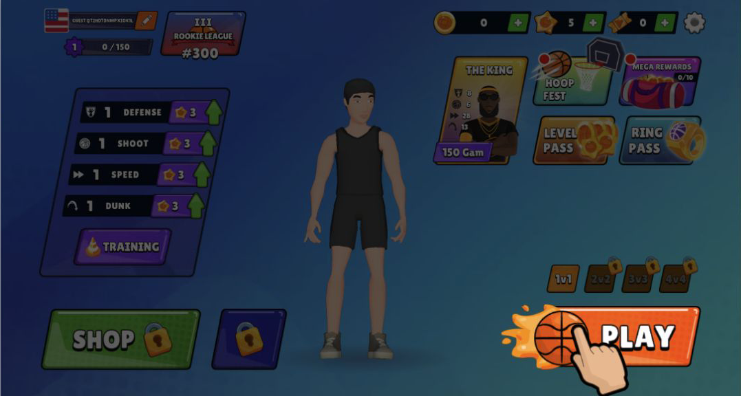 Rookie League menu showing a level-one player, four level-one skills, and an unlocked 1v1 button