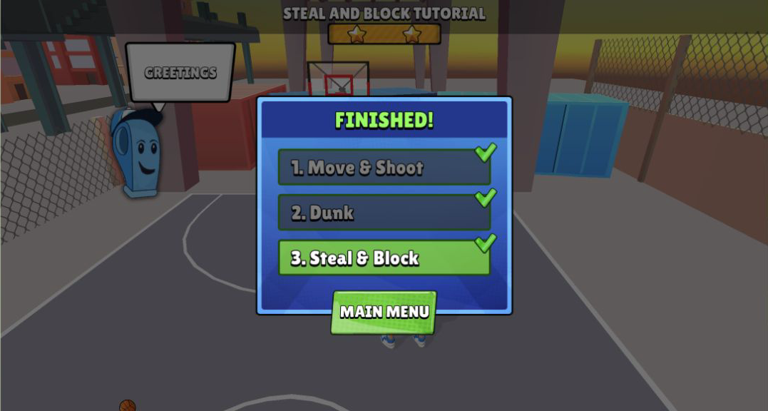 Basketball Superstars training completion panel with completed drill status visible