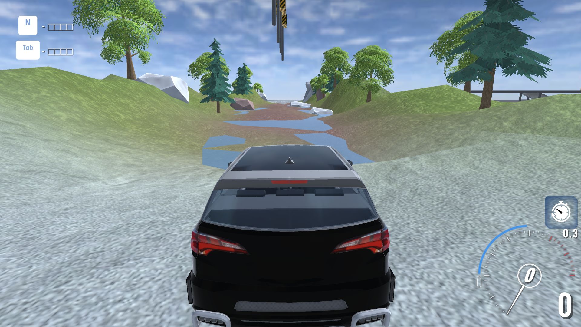 Black SUV at the start of BMG Crash Test's river course with driving HUD visible