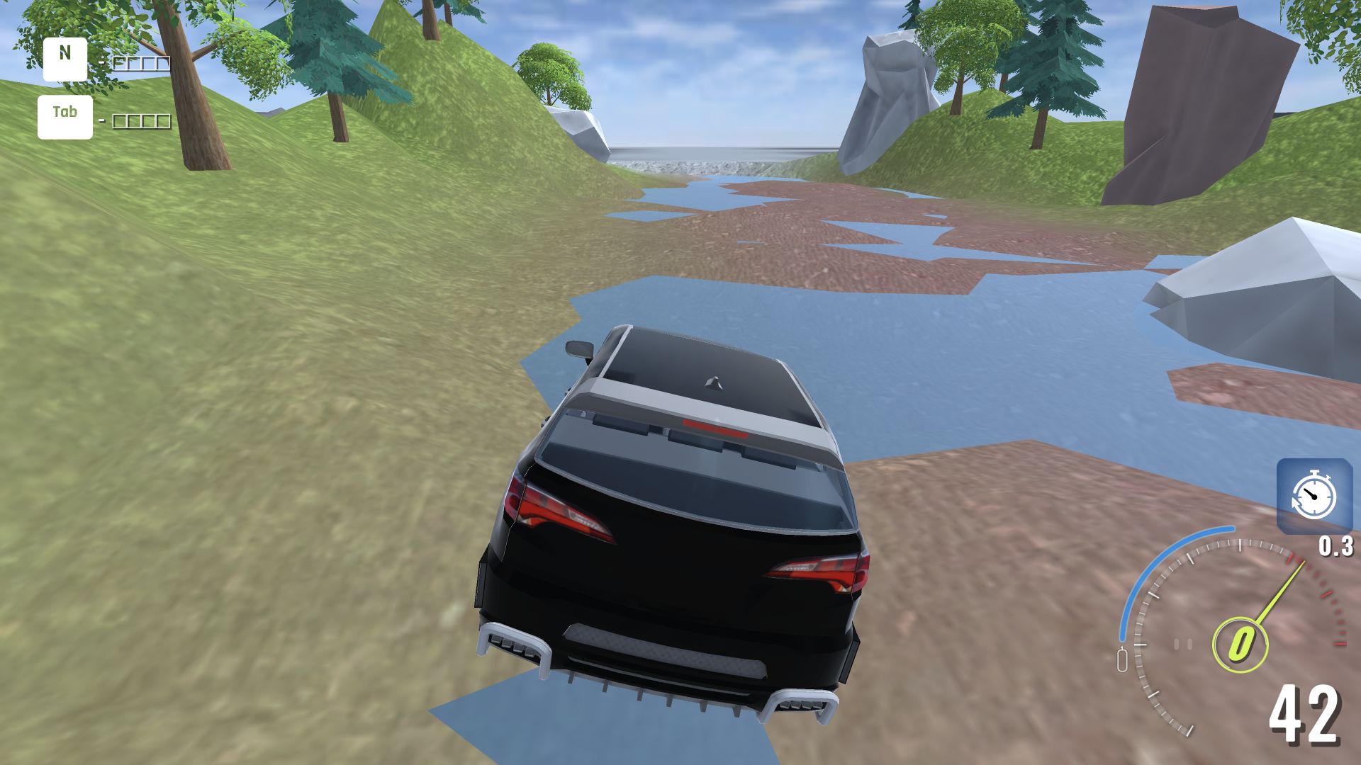 Black SUV driving away from the swinging hazard zone in BMG Crash Test at speed 42