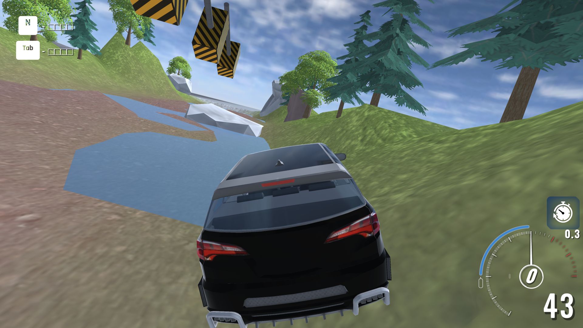 Black SUV moving through the rocky river valley in BMG Crash Test