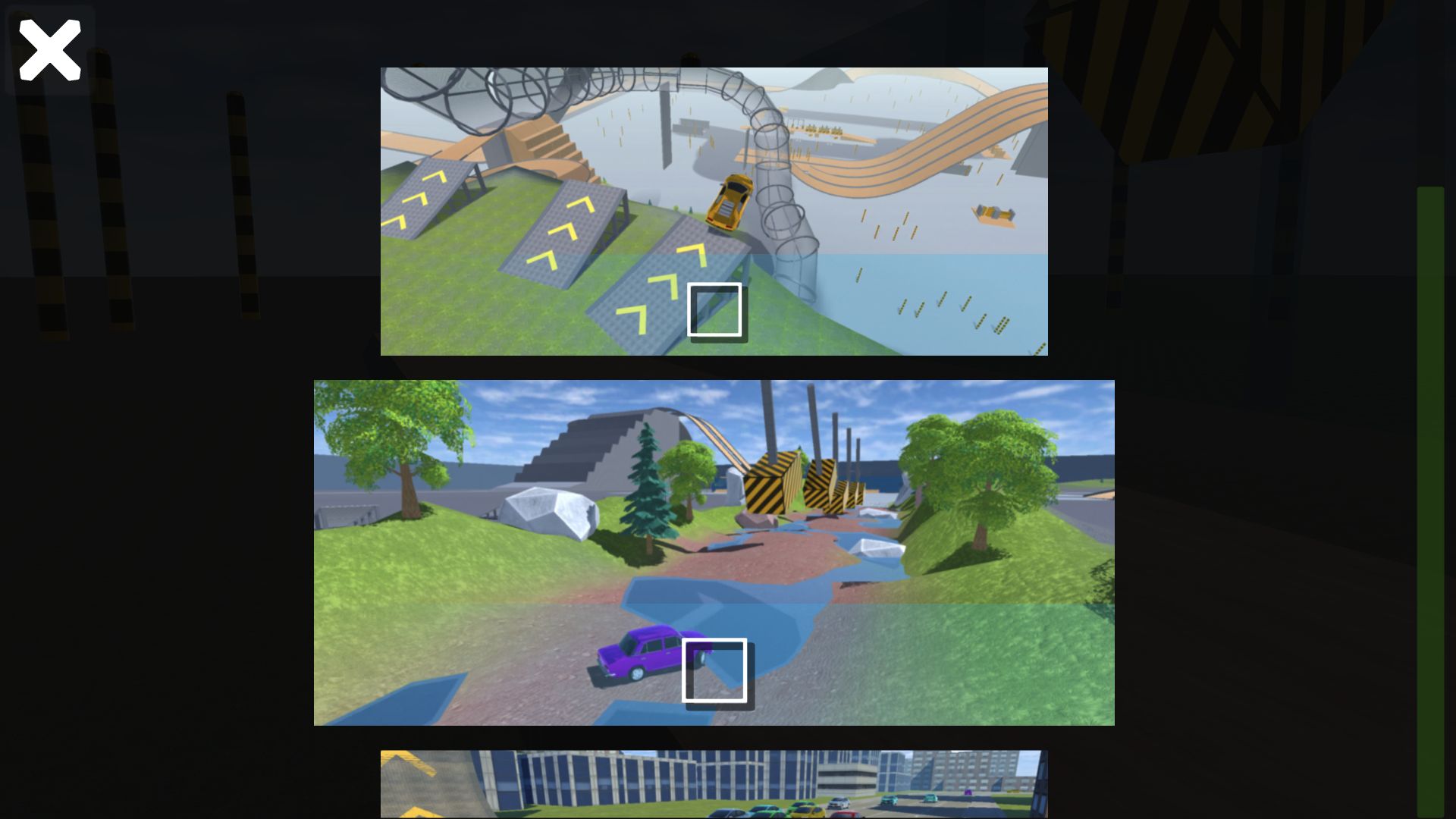 BMG Crash Test map selector showing several crash-test environments