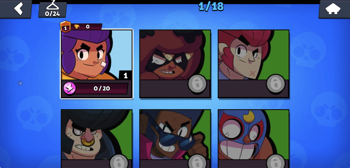 Brawler collection showing Shelly unlocked and five other character cards locked