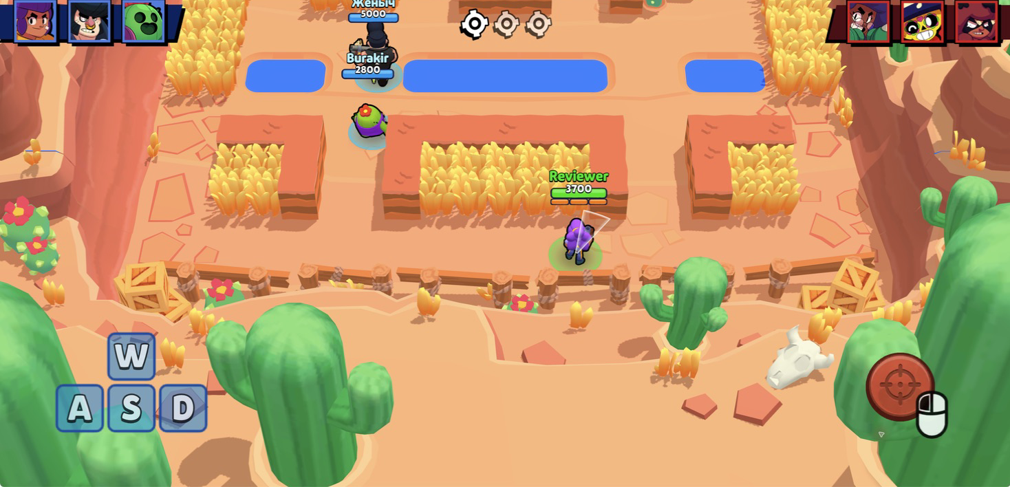 Shelly aiming from the lower lane at the start of a three-versus-three Knockout round in Brawl Simulator 3D