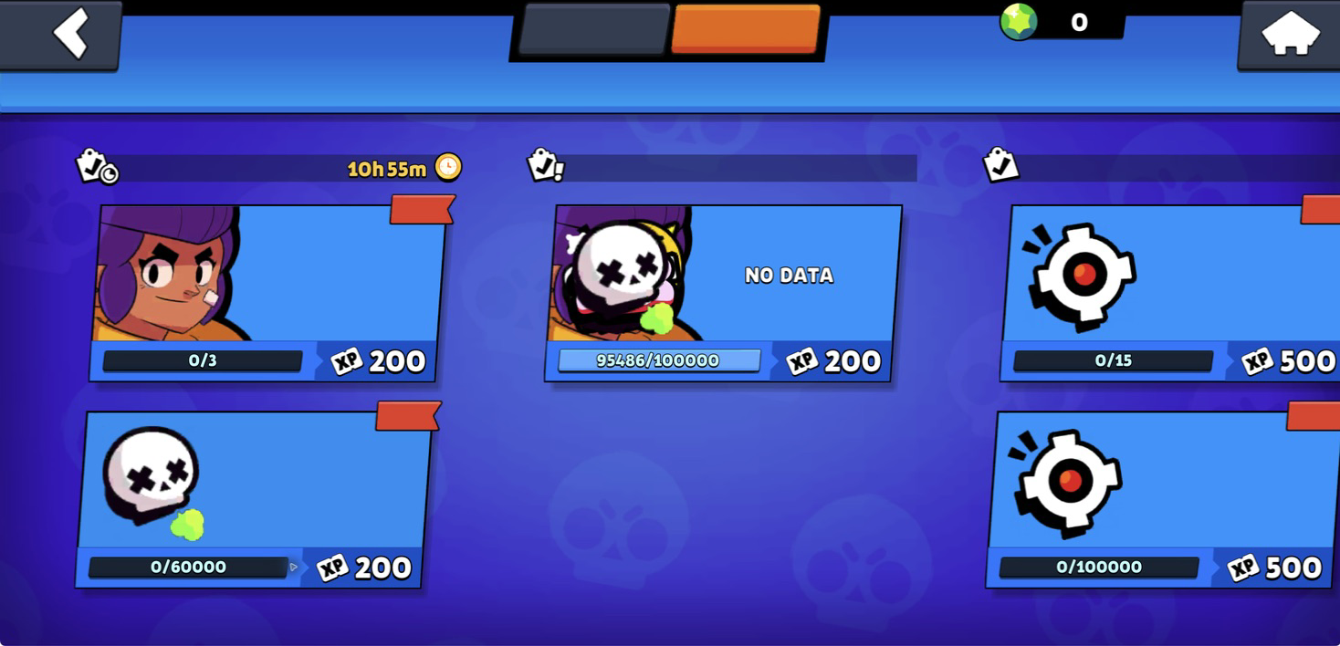 Quest page with XP cards, blank tab labels, several progress counters, and a NO DATA message