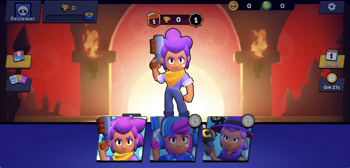 Shelly skin panel with the default portrait and two locked outfit cards
