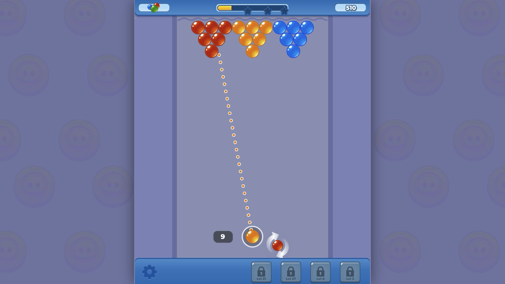 Blue bubbles clearing from the middle of Level 1 while score markers animate