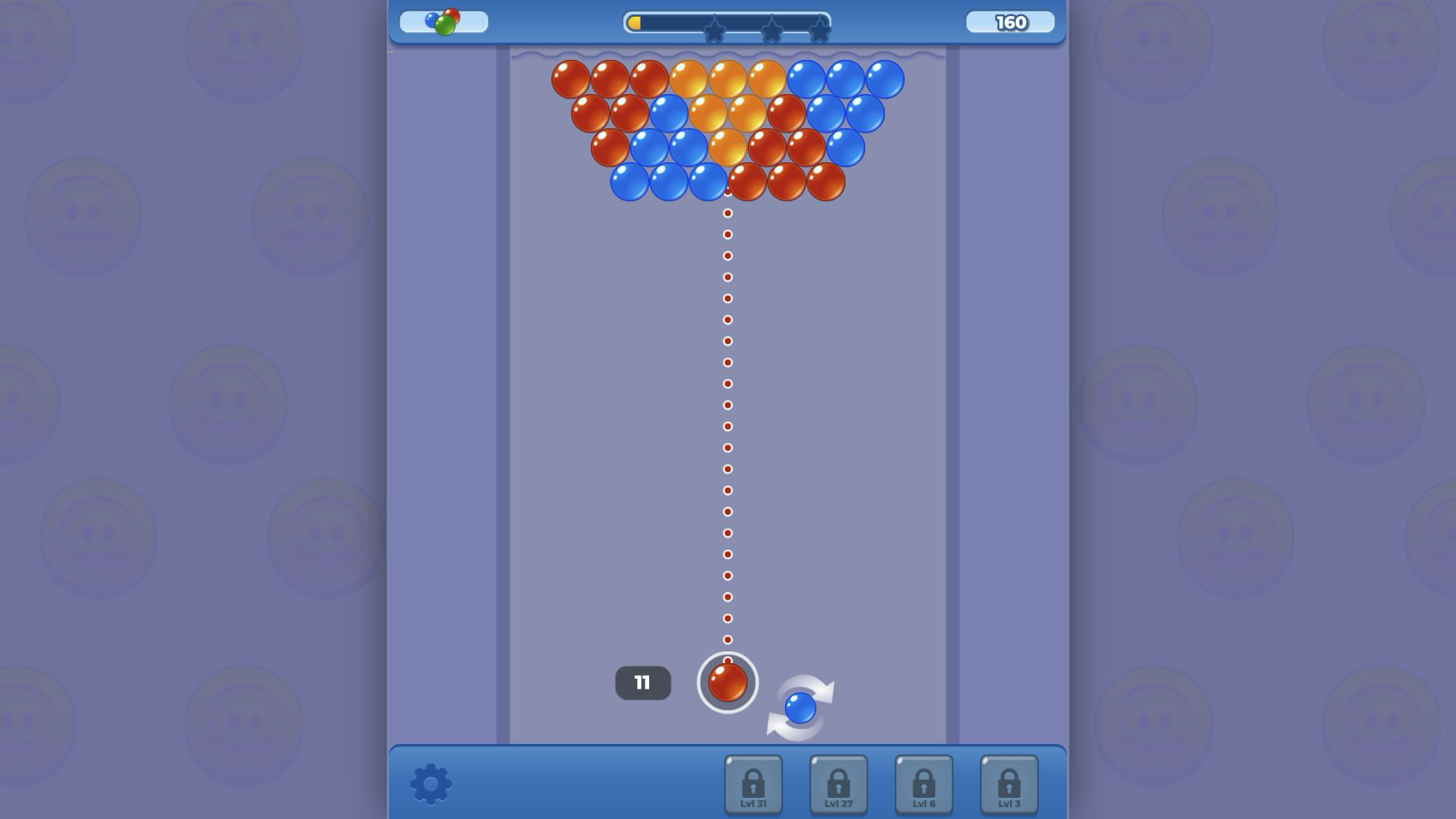 Bubble Blast Level 1 with twelve shots, a triangular bubble board, and a dotted aiming line