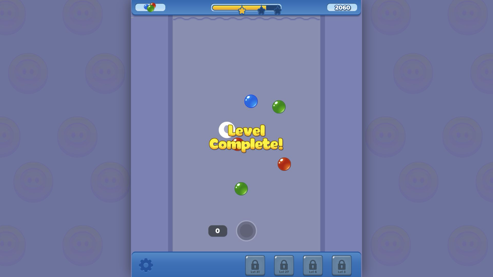 Bubble Blast Level Complete panel showing a score of 4560 and three filled stars