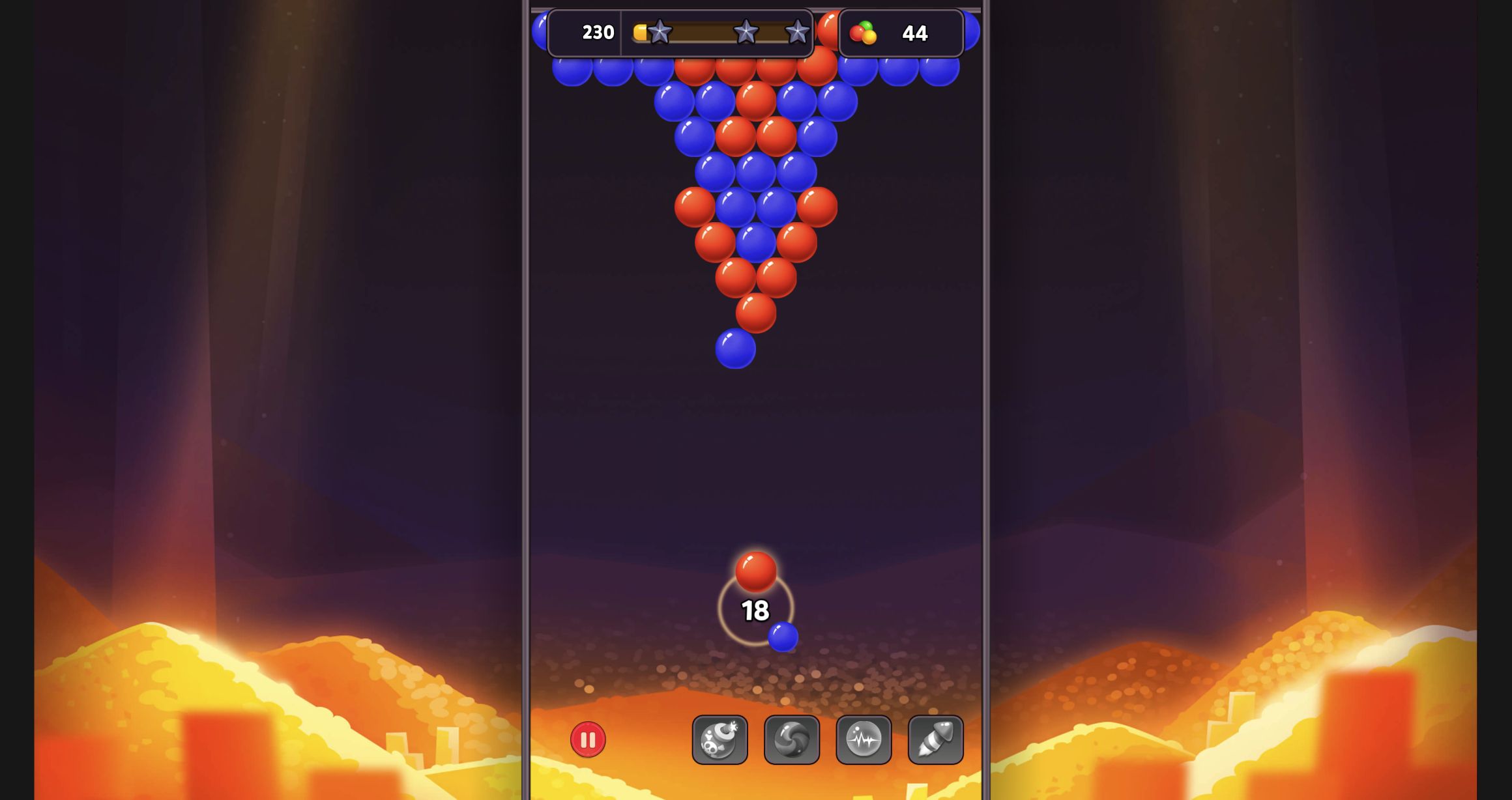 Level 1 board after a poor blue attachment with score 230, target 44 and 18 shots