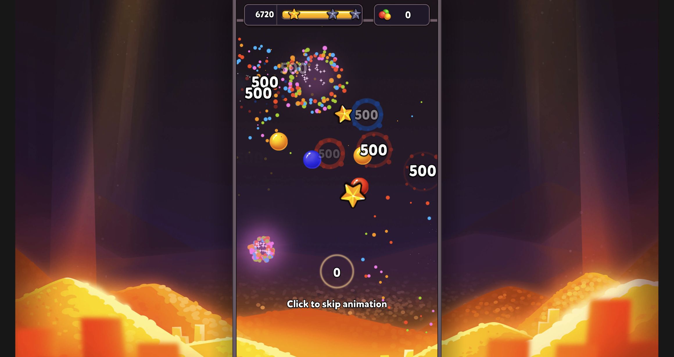 Target-zero Bubble Shooter celebration with falling bubbles, stars, confetti and 500-point labels