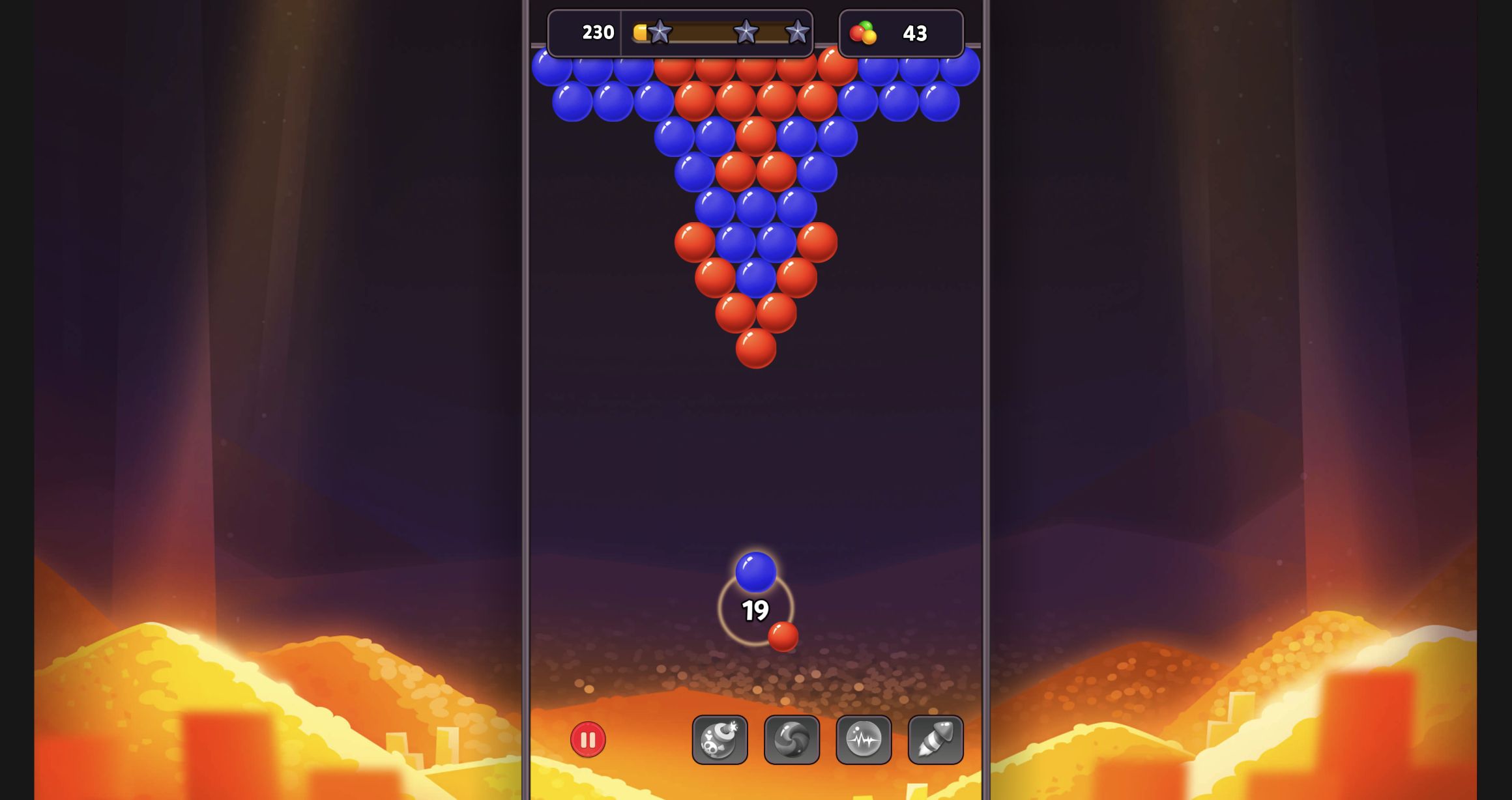 Bubble Shooter Level 1 after a yellow bank cascade with score 230, target 43 and 19 shots